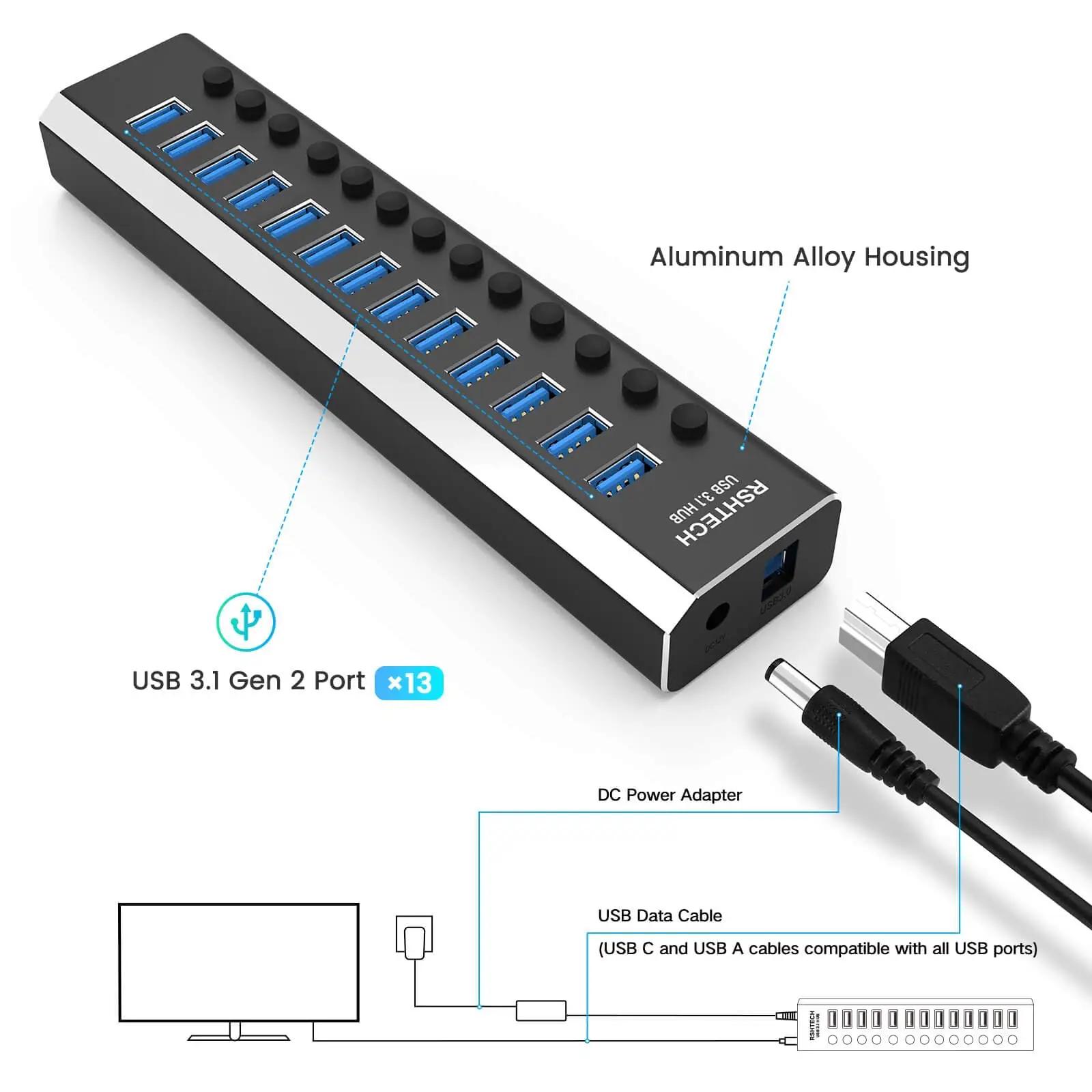 RSHTECH alumiiniumist 13-port USB hub — kiire laadimine ja – lisavaade