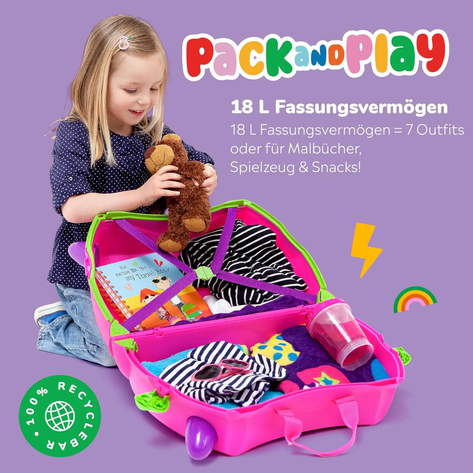 TRUNKI roosa kare lasteistmega reisikohver — istumiseks ja – kasutusnäide