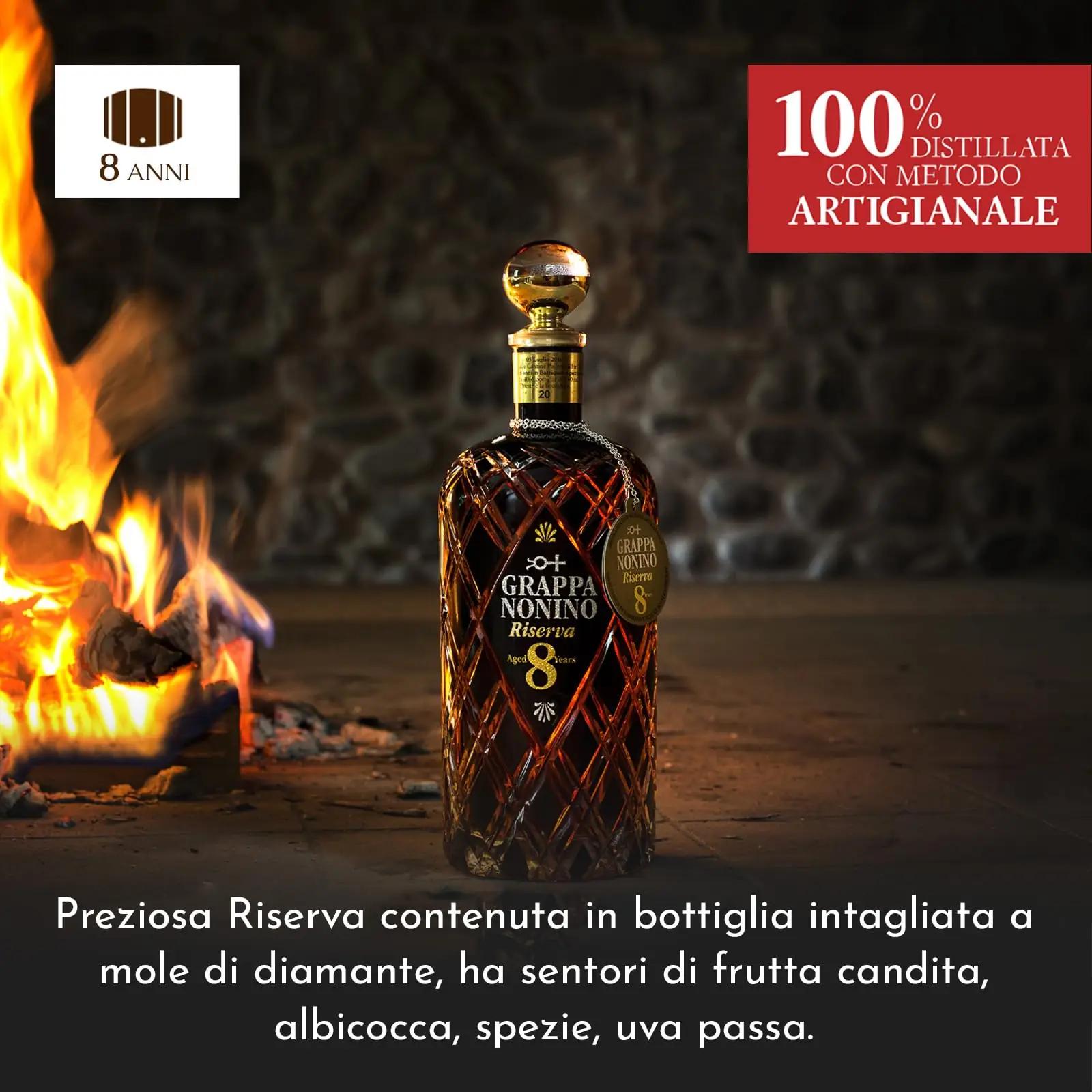Nonino grappa riserva 8 aastat – elegantne kinkpudel 700 ml – pakend ja tarvikud