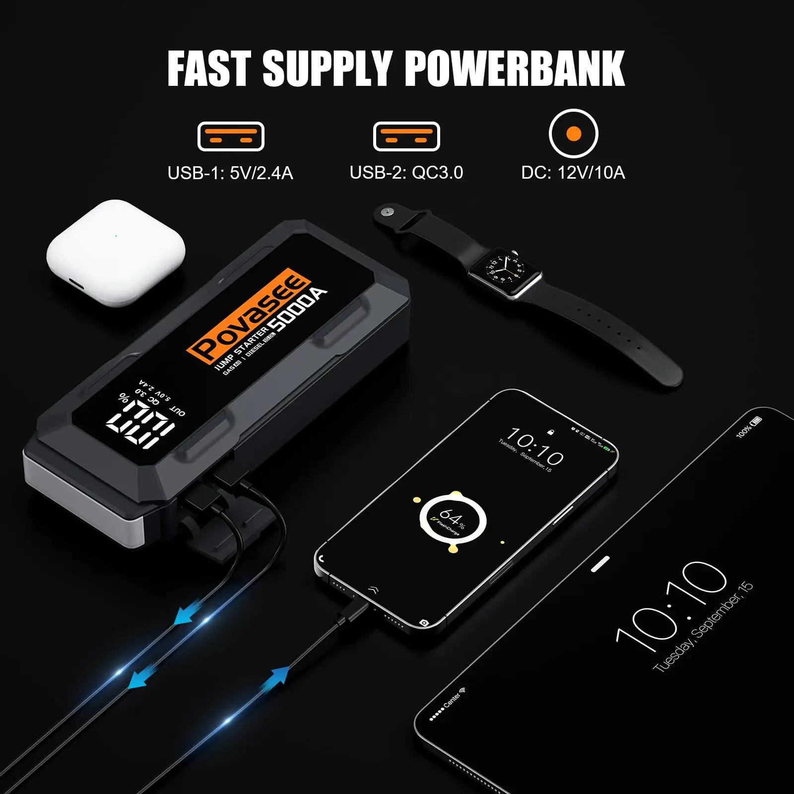 Povasee tugev Starthilfe powerbank – 5000A autoabi ja laadija – kasutusnäide