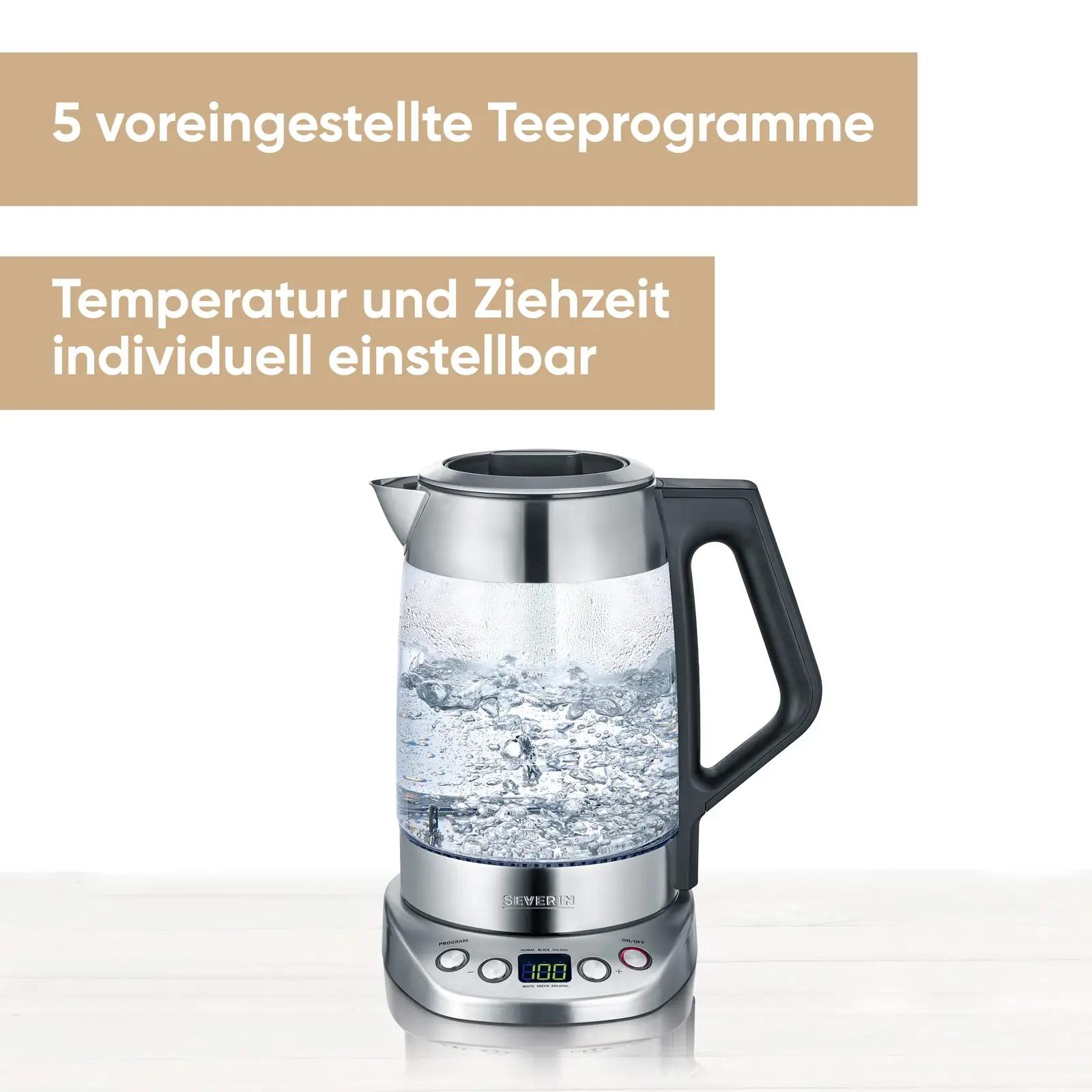 SEVERIN klaasveekeetja 1,7 l — reguleeritav temperatuur ja – pakend ja tarvikud