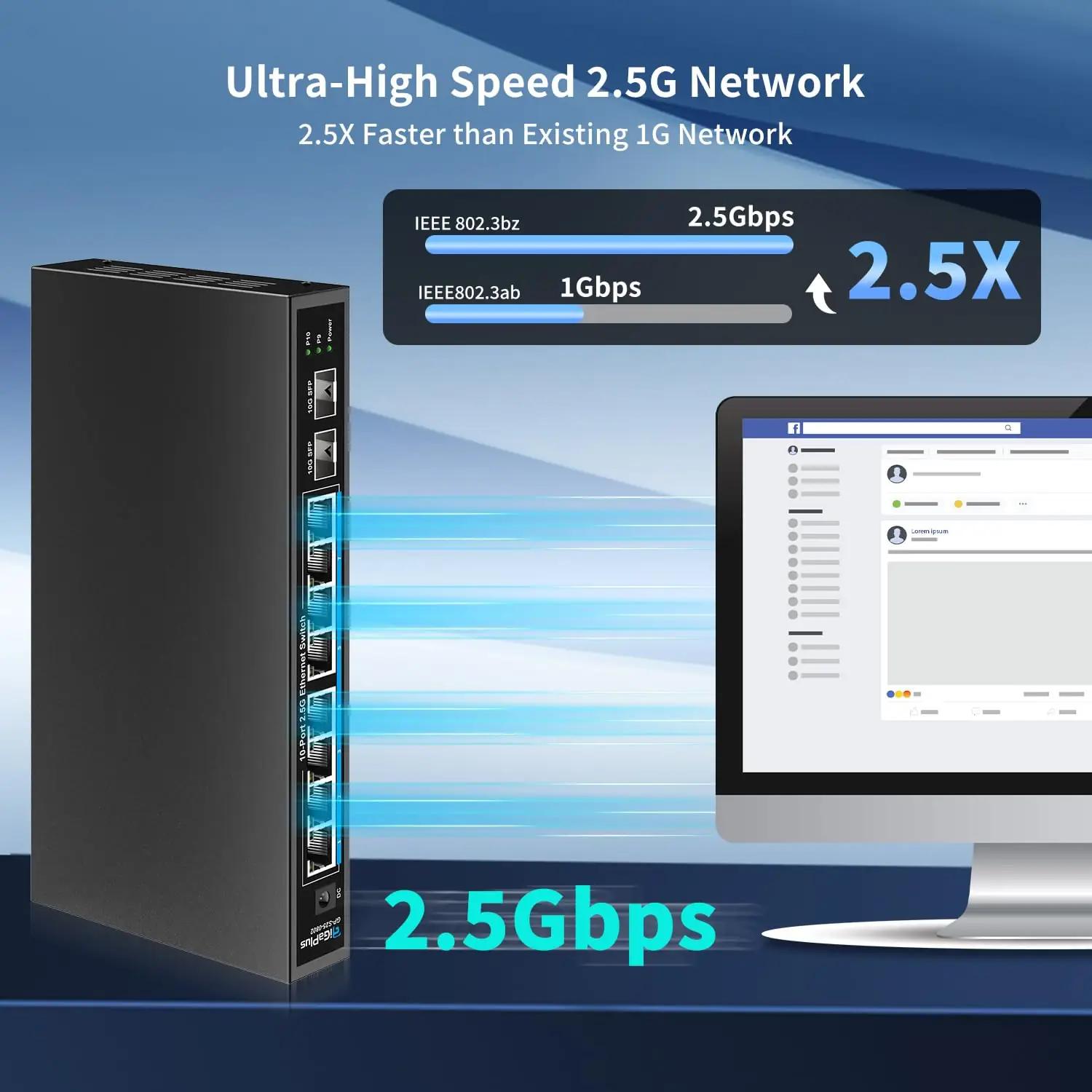 GigaPlus võrgulüliti 2.5Gb 10-port, vaikne ja kiire – pakend ja tarvikud