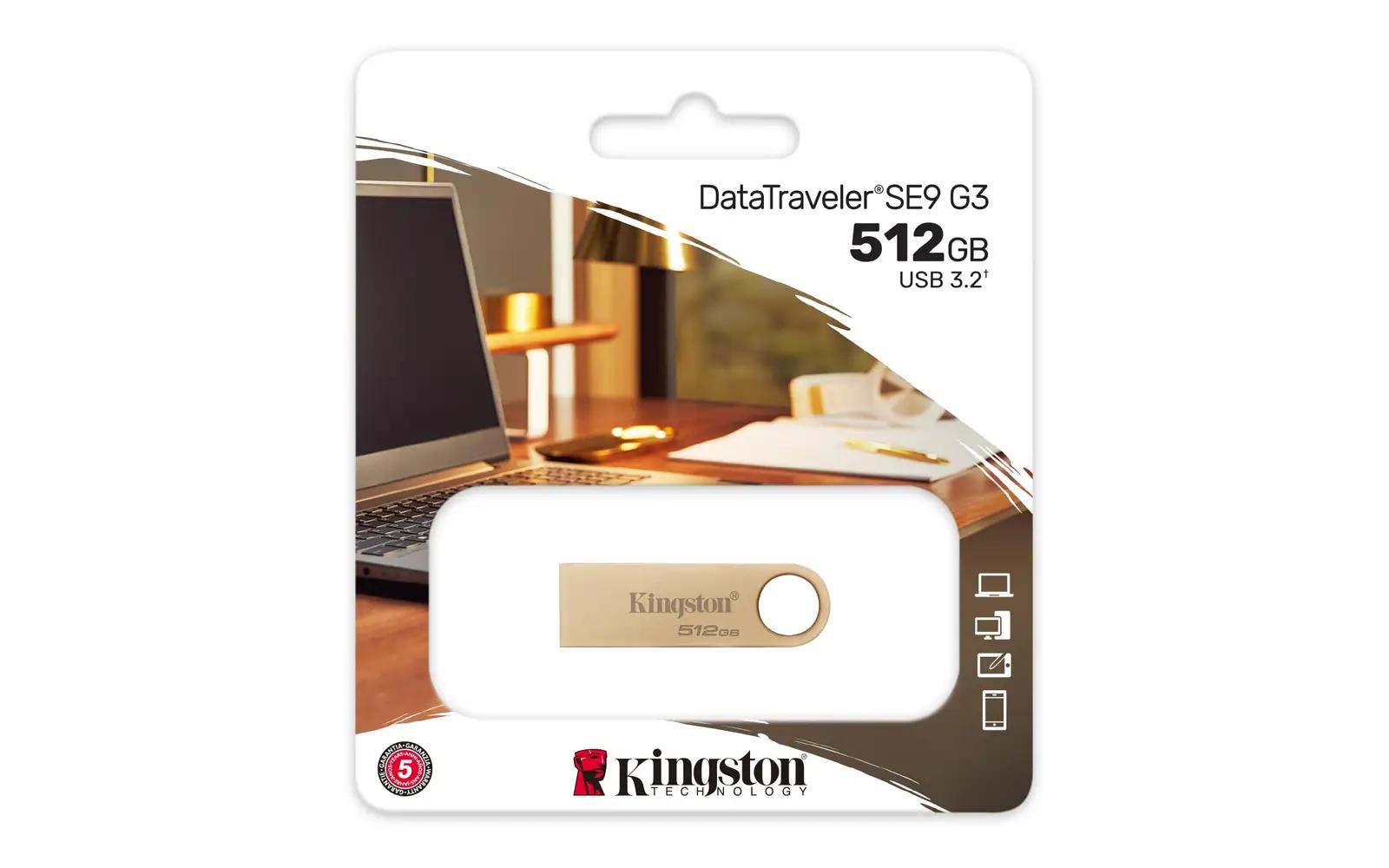 Kingston kuldne metallik USB-mälupulk 512GB — vastupidav ja – pakend ja tarvikud