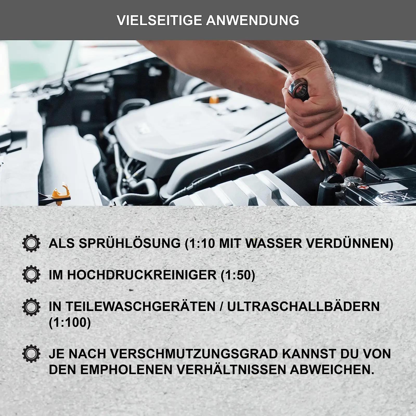 DELLWING tugevpuhastusvedelik mootoriosadele 2,5 l – pakend ja tarvikud