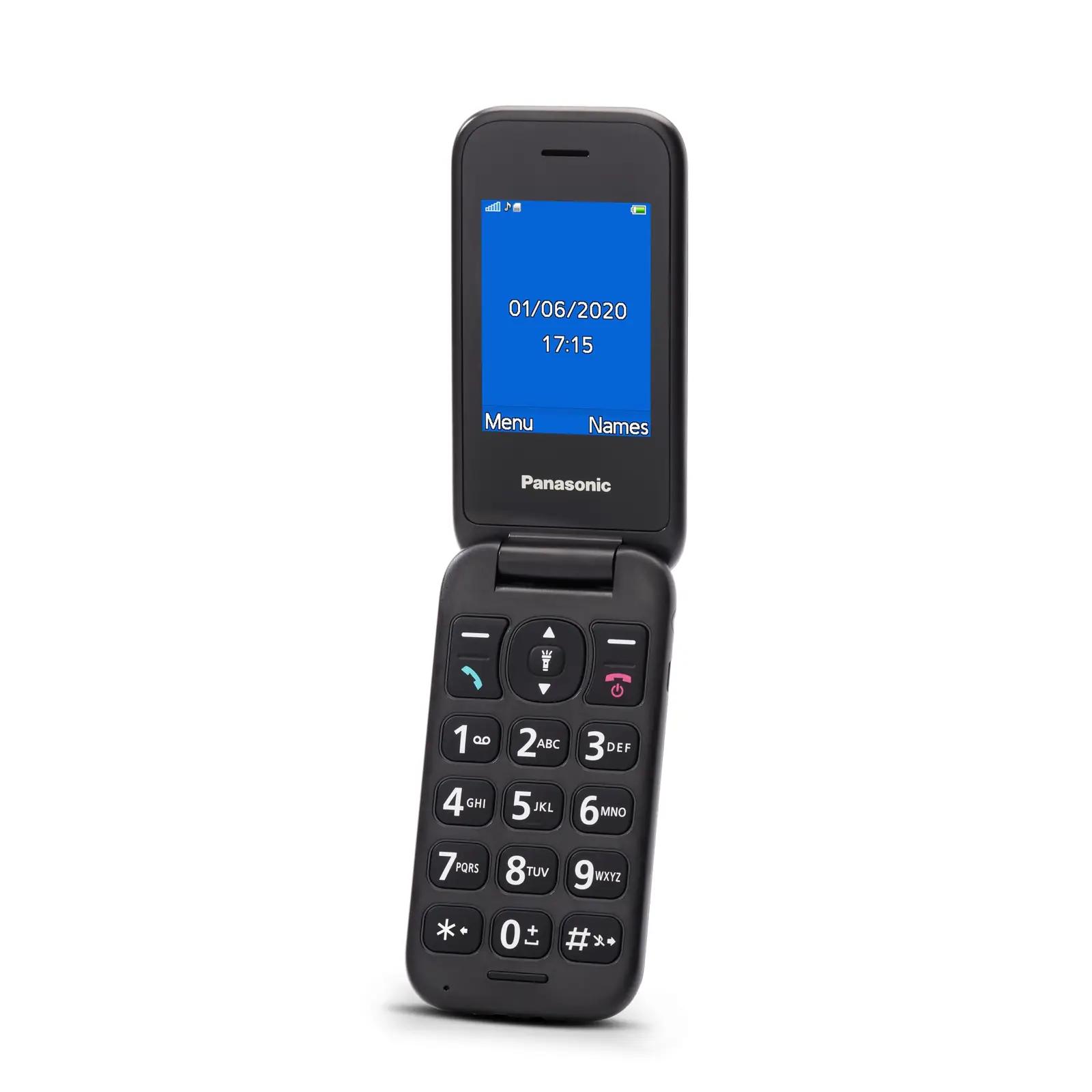 Panasonic tihedalt kasutajasõbralik klapiga mobiiltelefon – pakend ja tarvikud