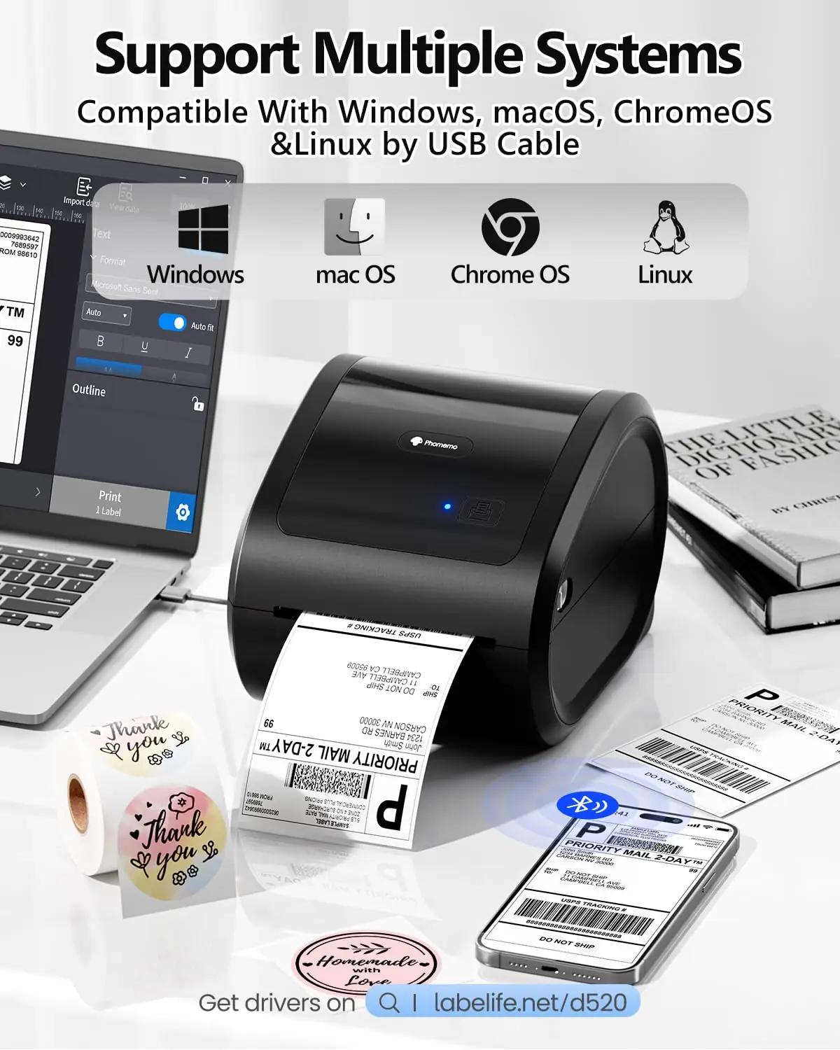 Phomemo termoprinter D520BT — mobiilne etikettide trükkija 4×6 – pakend ja tarvikud