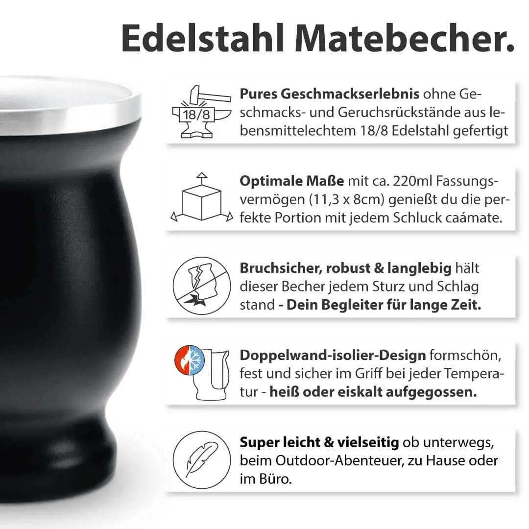 caámate. mahe mate-teekomplekt – roostevaba kruus ja bombilla – pakend ja tarvikud