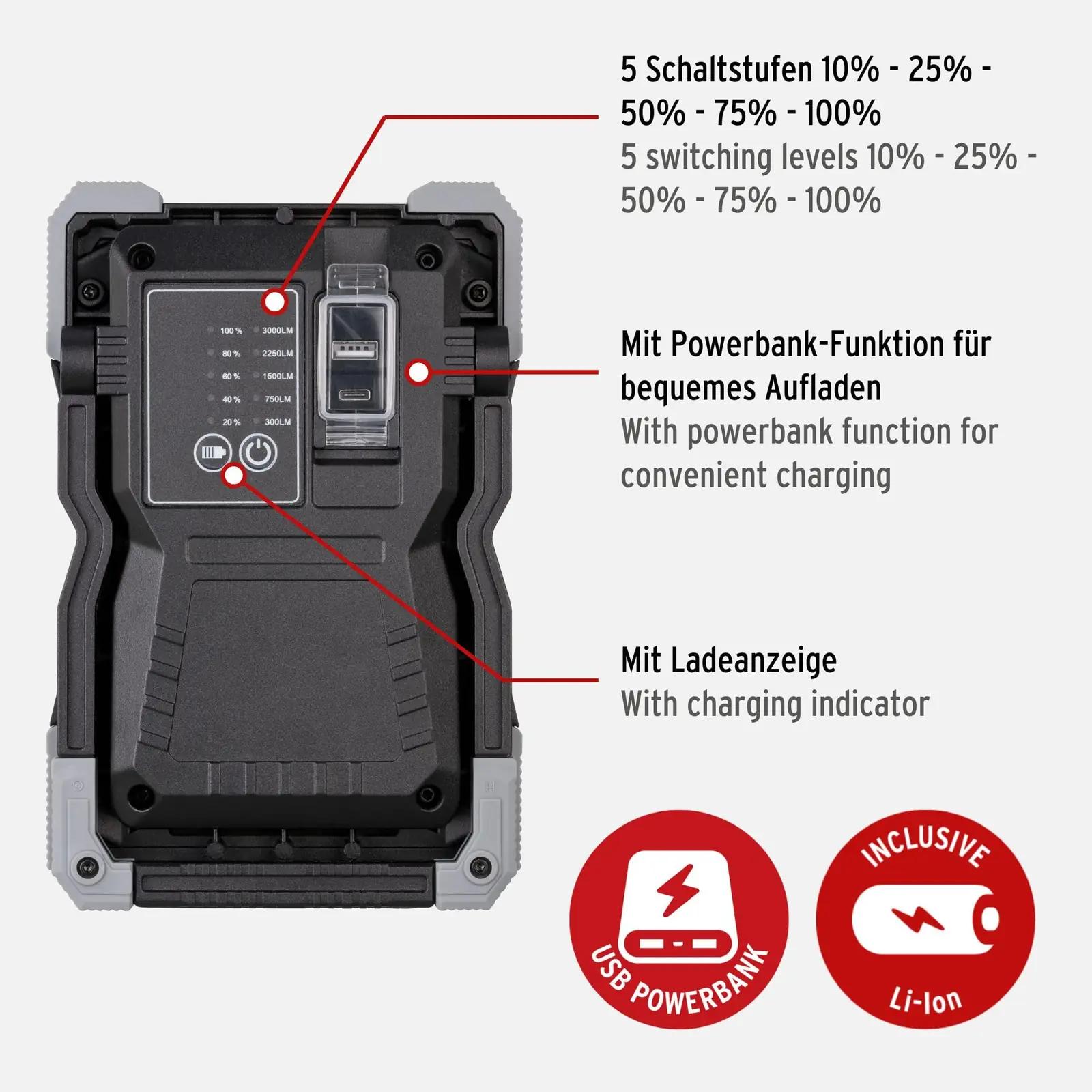 Brennenstuhl vastupidav metallist mobiilne LED-valgusti 3000 lm – pakend ja tarvikud