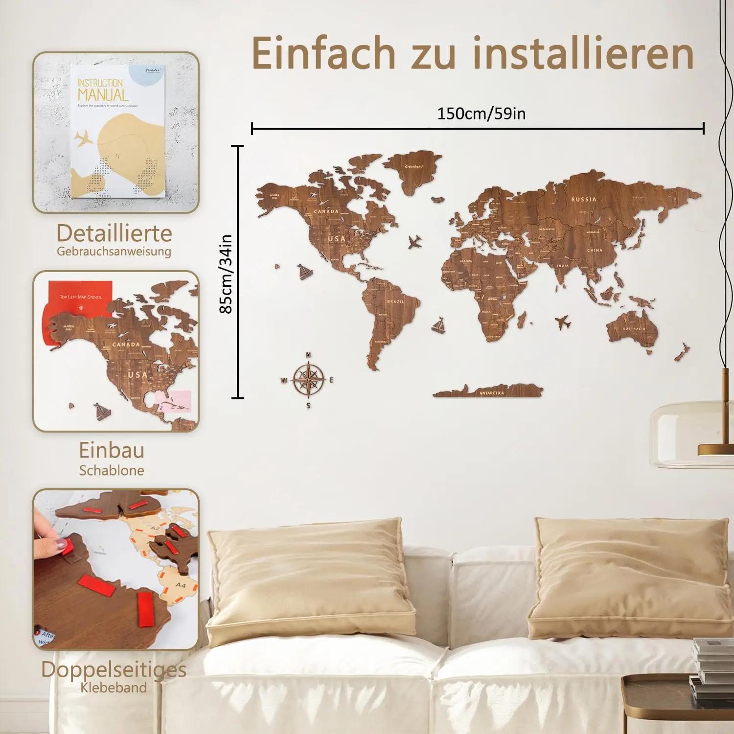Creawoo walnuss puidust maailmakaart – suur seinakaunistus 150×85 – pilt 6