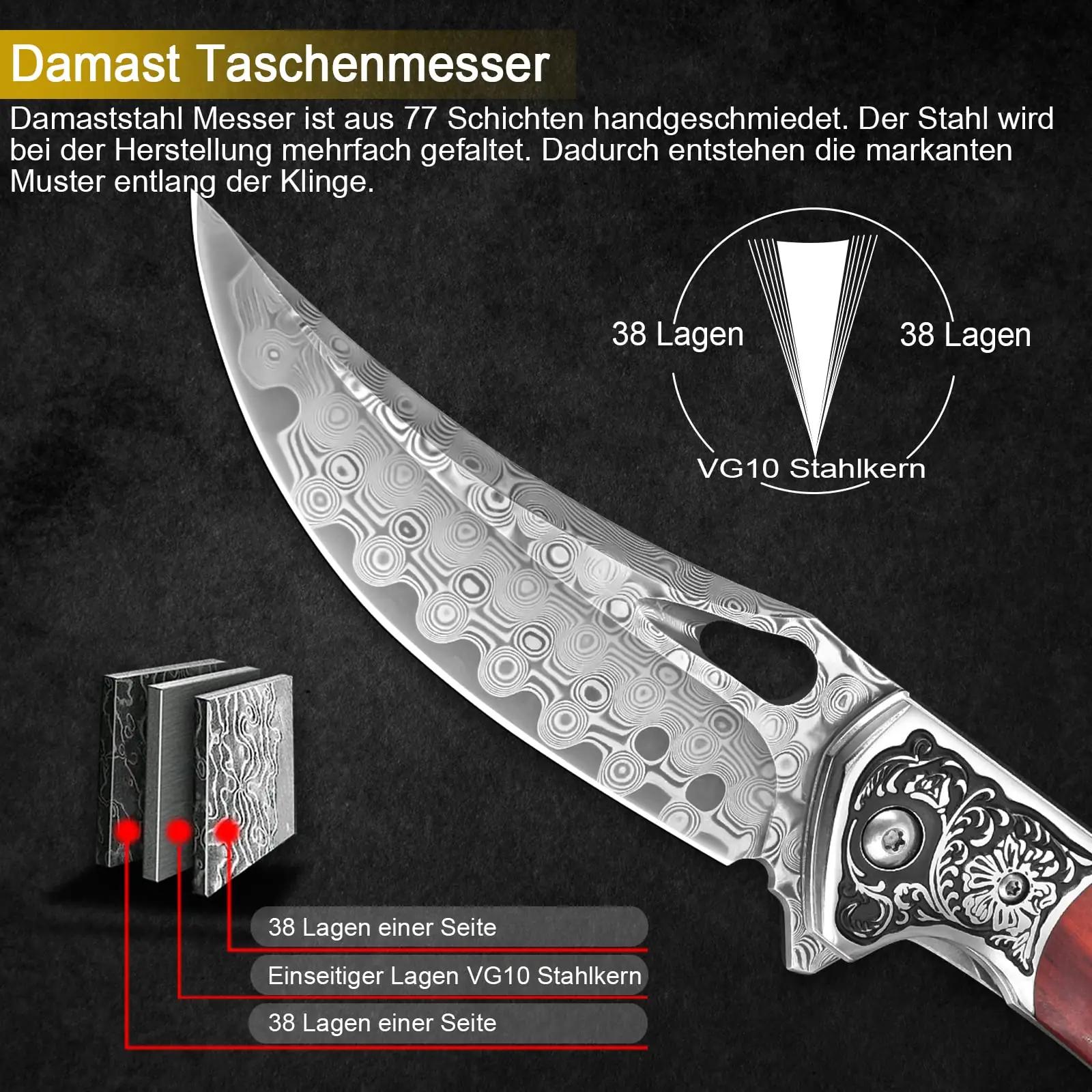 KOMWERO damast-teraga taskunoa puidust käepidemega — kingitus ja – pakend ja tarvikud