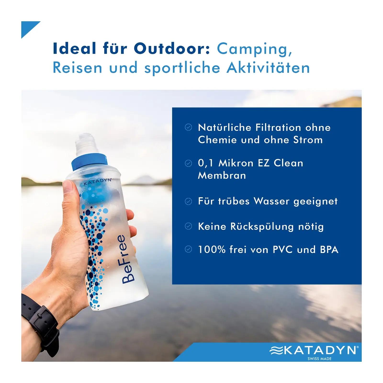 KATADYN BeFree veefilter – kerge matkakaitse 0,6 l – pakend ja tarvikud