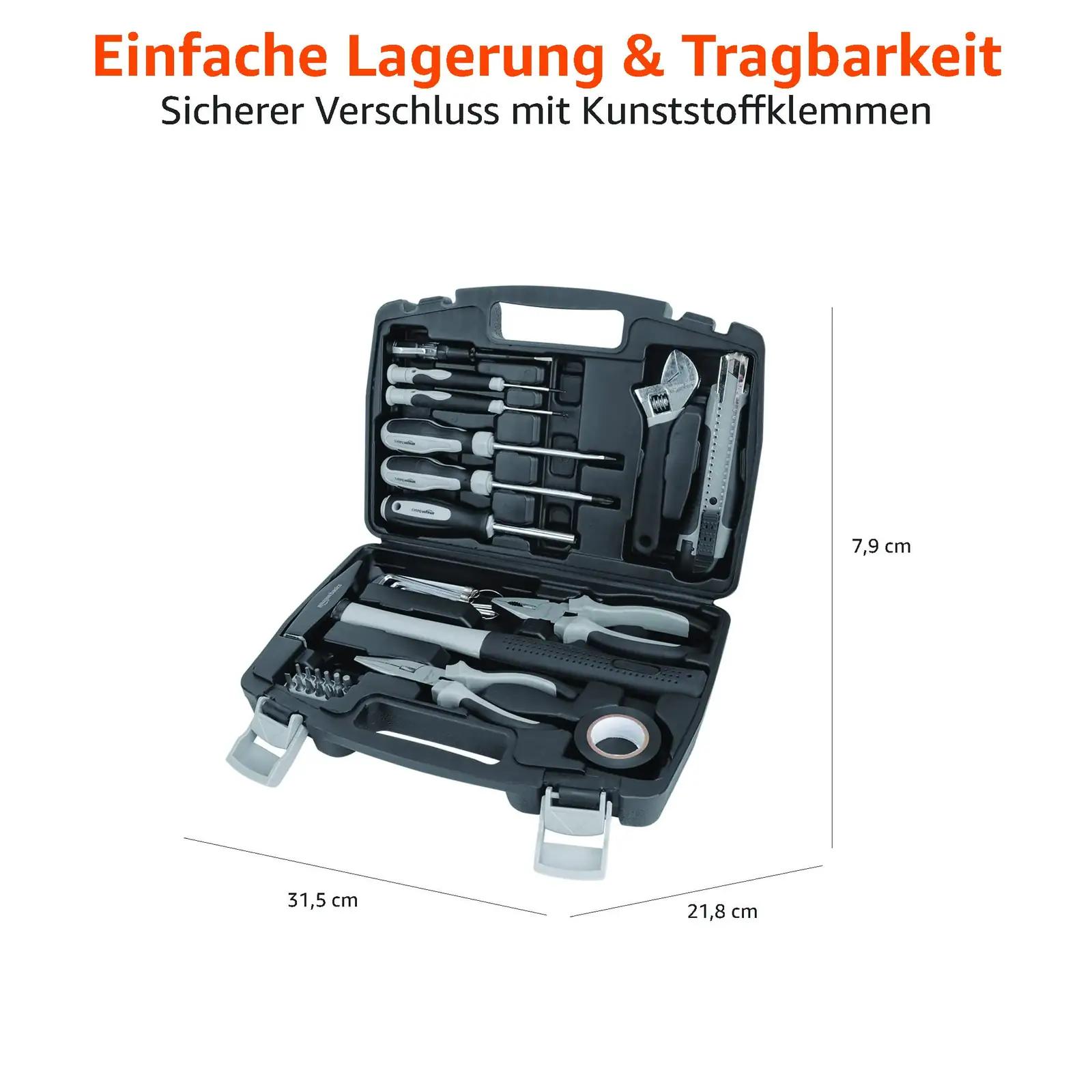 Amazon Basics tööriistakomplekt koduseks remondiks — 32 osa – pakend ja tarvikud