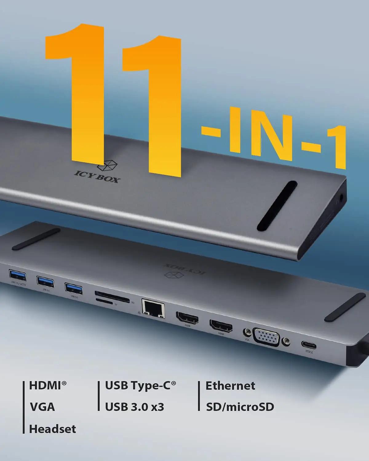 ICY BOX USB-C dokk 11-in-1 — mitmekülgne ühendus ja 100W – detailne vaade