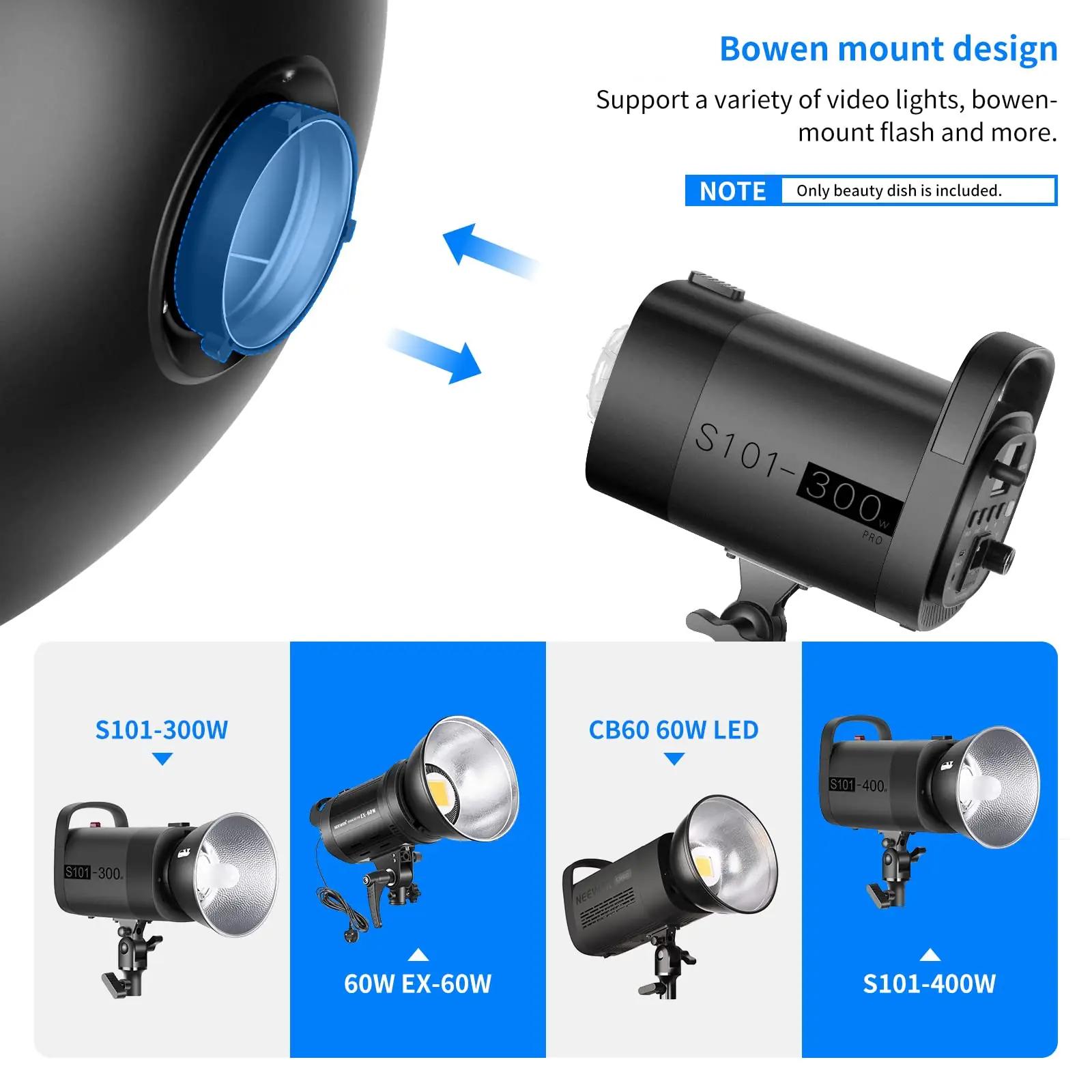 NEEWER alumiiniumist 41 cm beauty dish – pehme valgus stuudiosse – pakend ja tarvikud