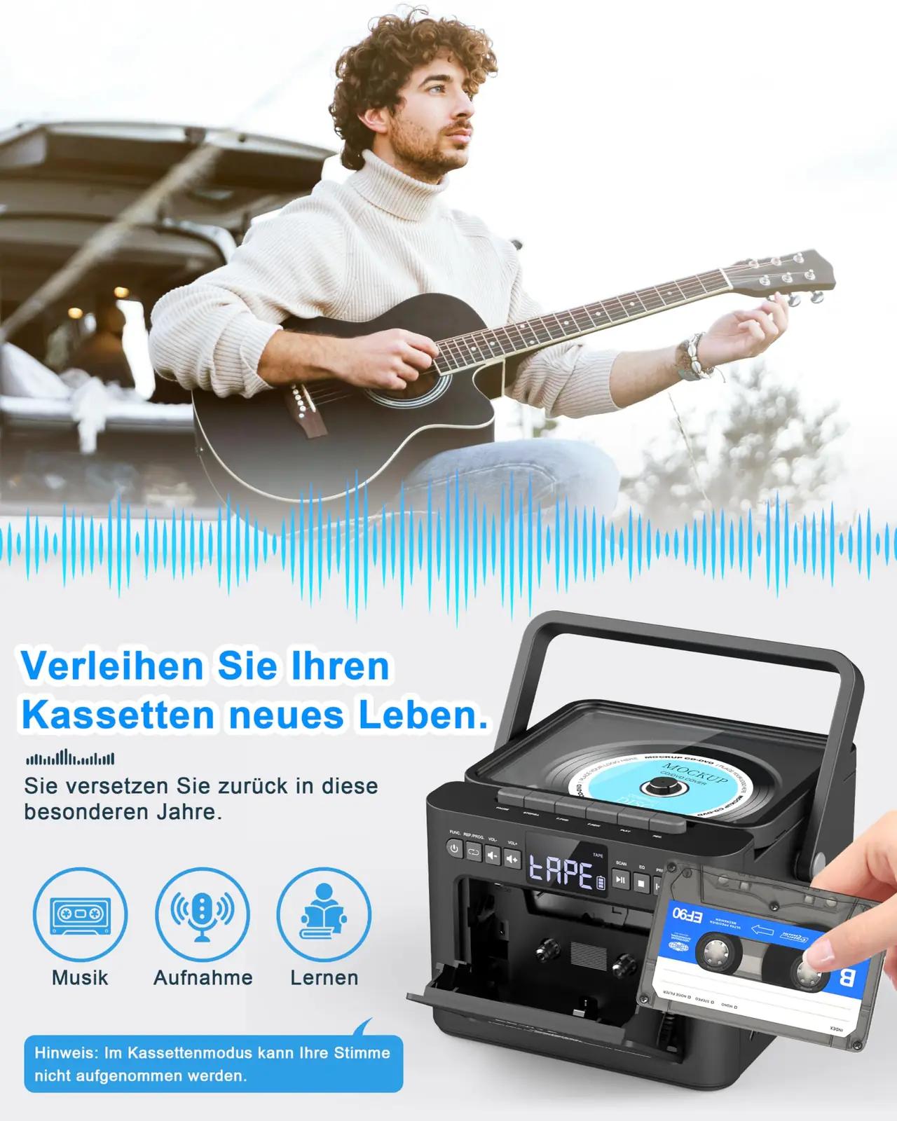 Greadio kaasaskantav boombox CD- ja raadiopleier, vastupidav aku – pakend ja tarvikud