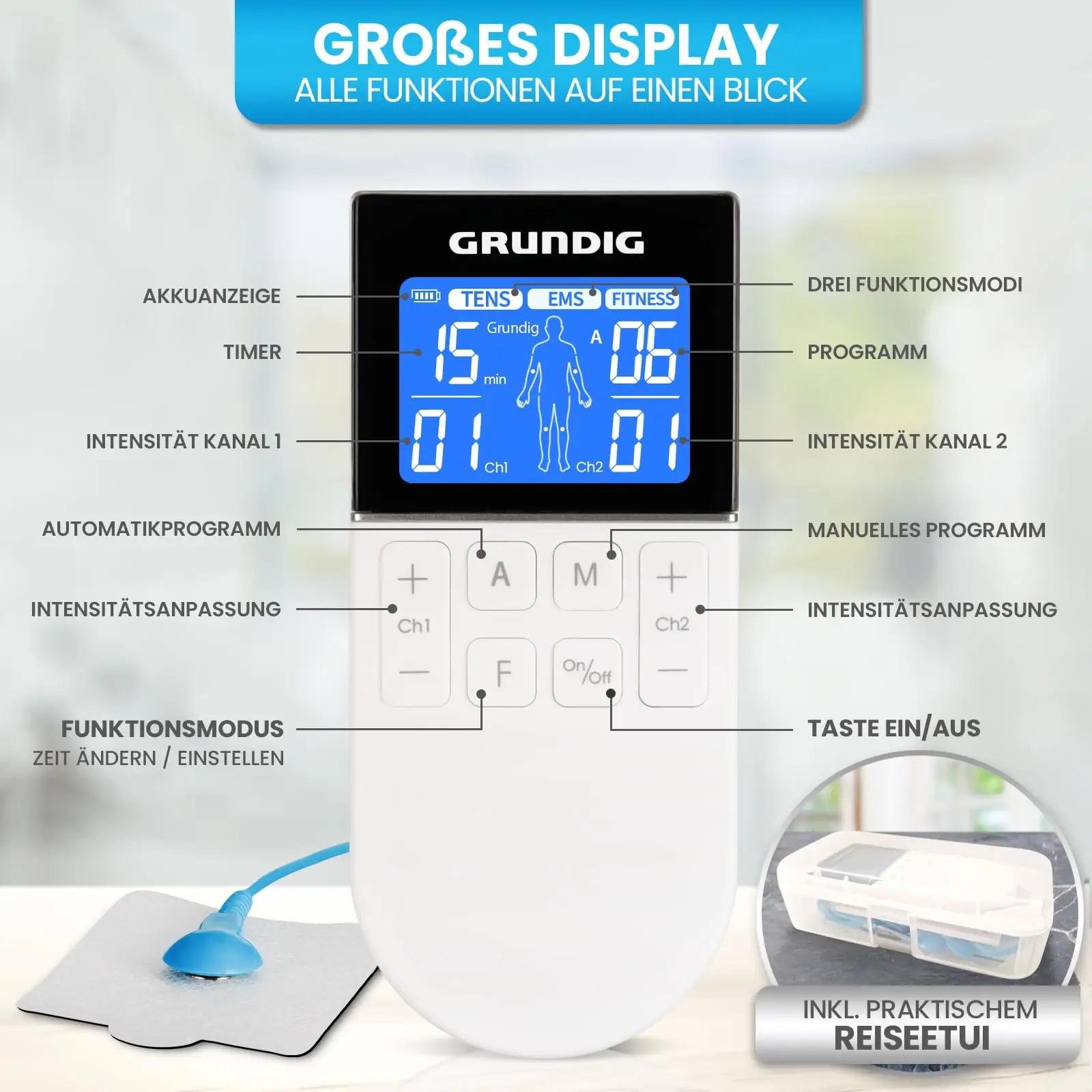 GRUNDIG kvaliteetne TENS-abivahend lihasvalu leevituseks – pakend ja tarvikud