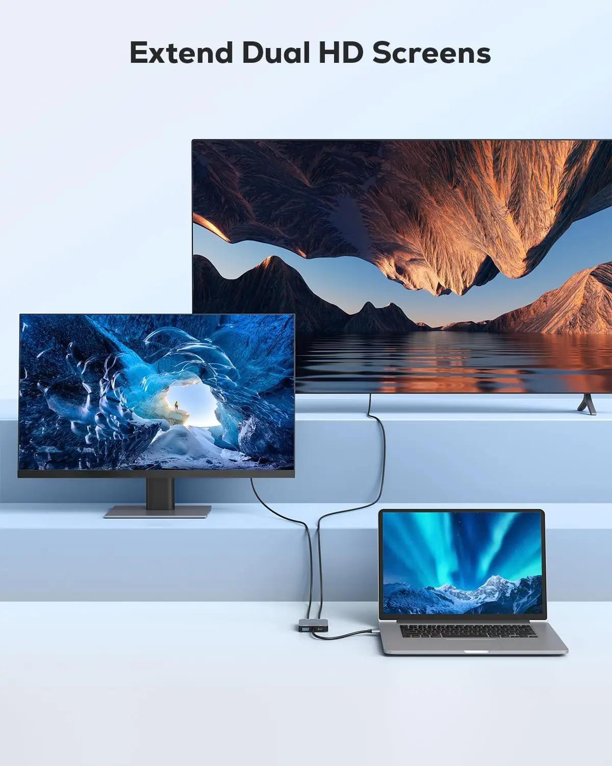 ABLEWE alumiiniumist USB 3.0 videoadapter kahe HDMI väljundiga – kasutusnäide