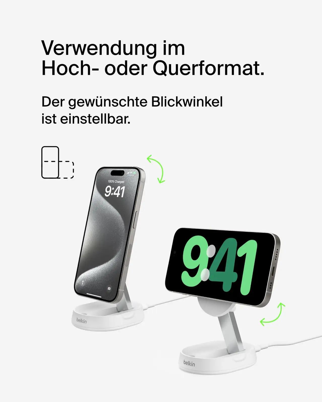 Belkin laadija 15W metallist Qi2 pad koos 20W toiteplokiga – kasutusnäide