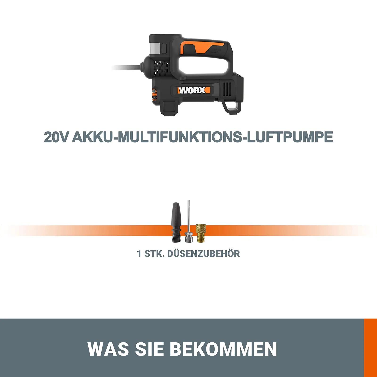 WORX akukompressor WX092.9 — mitmekülgne 4-in-1 lahendus rehvide – lisavaade
