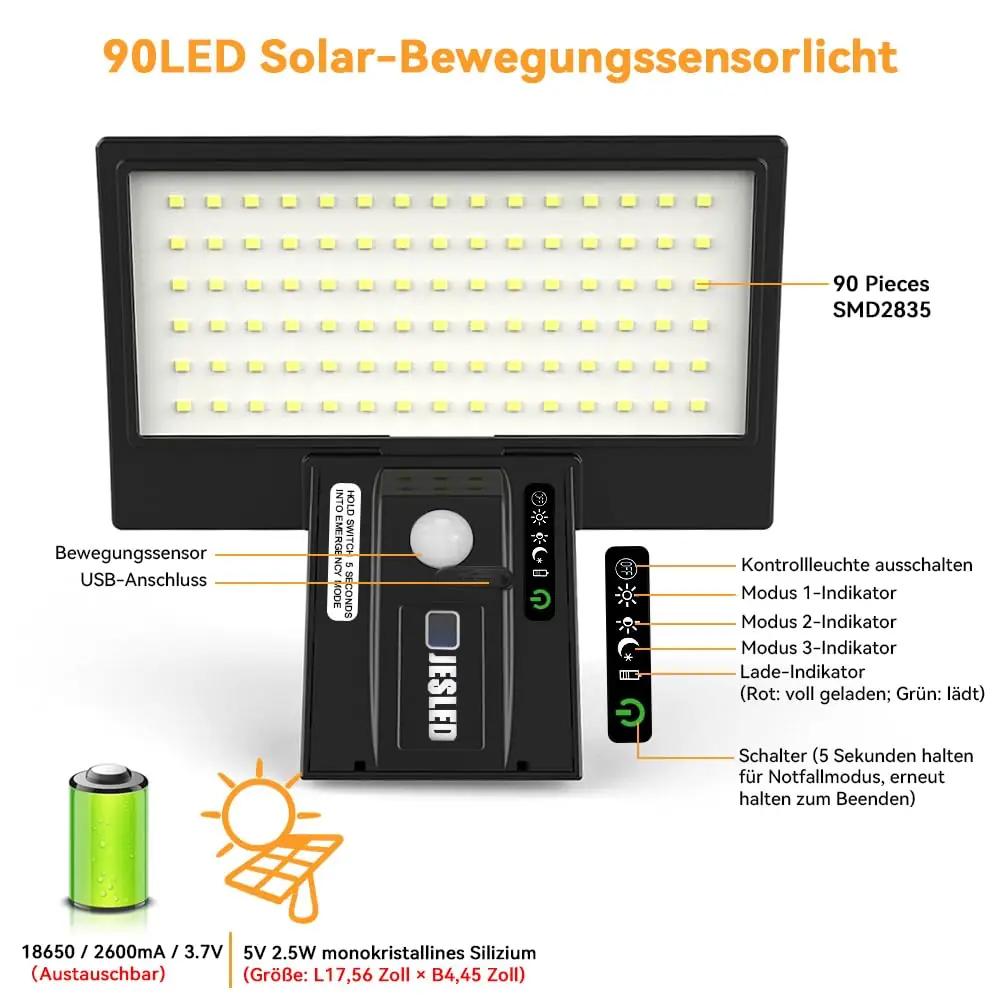 JESLED päikeseväline turvalamp 90 LED — ilmastikukindel ja – pakend ja tarvikud