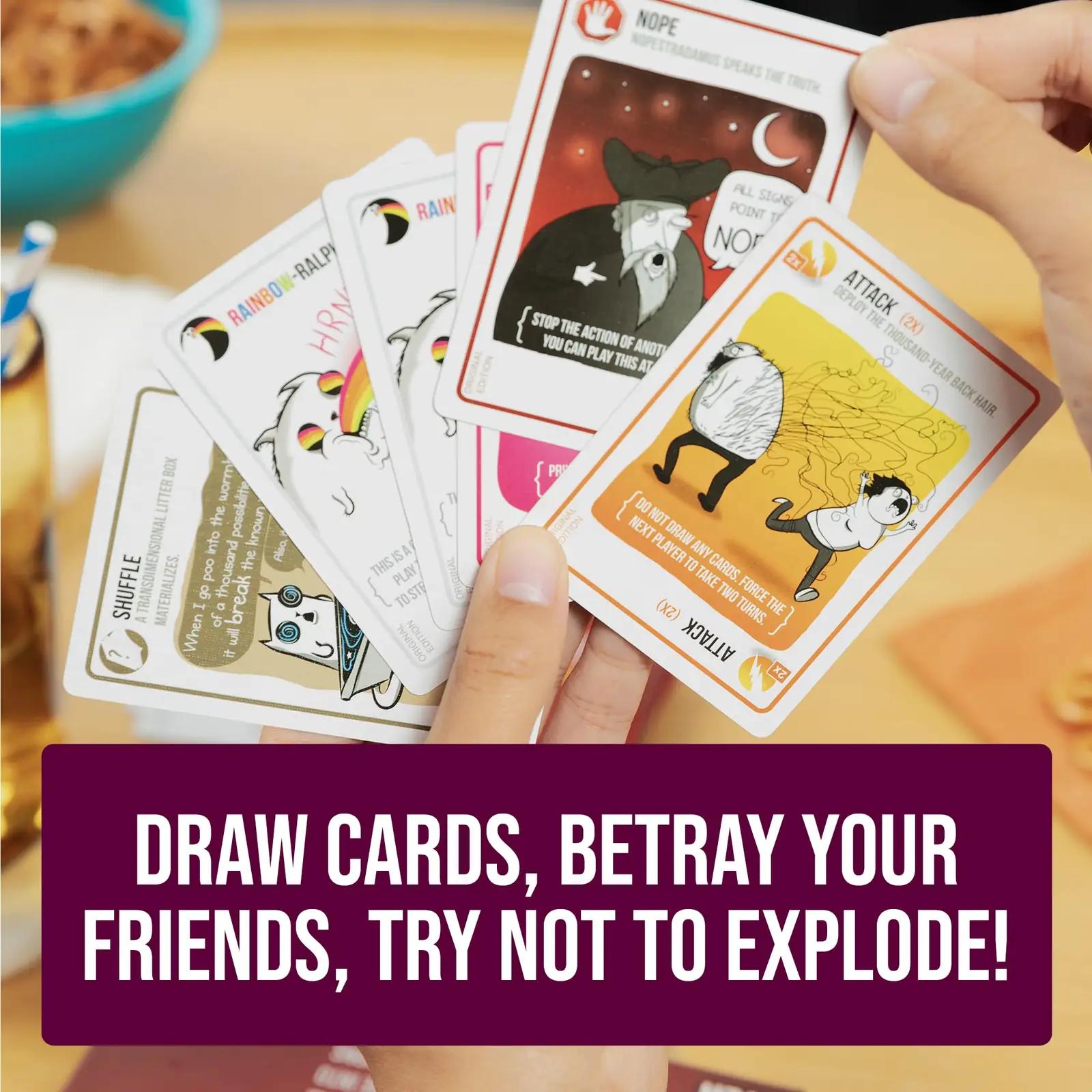 Exploding Kittens punane pidupakett pere- ja mängukaardid – pakend ja tarvikud