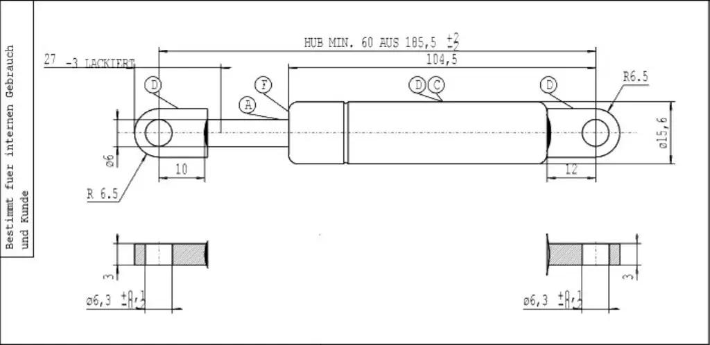 Stabilus gasfeder 300 N — vastupidav metallist tugiamort – detailne vaade