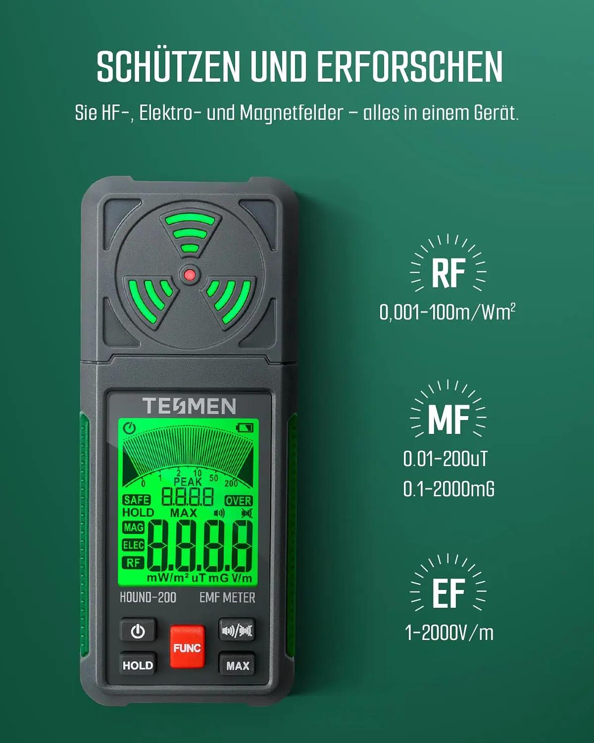 TESMEN nutikas EMF-mõõtur — kodu- ja välikasutuse abivahend – pakend ja tarvikud