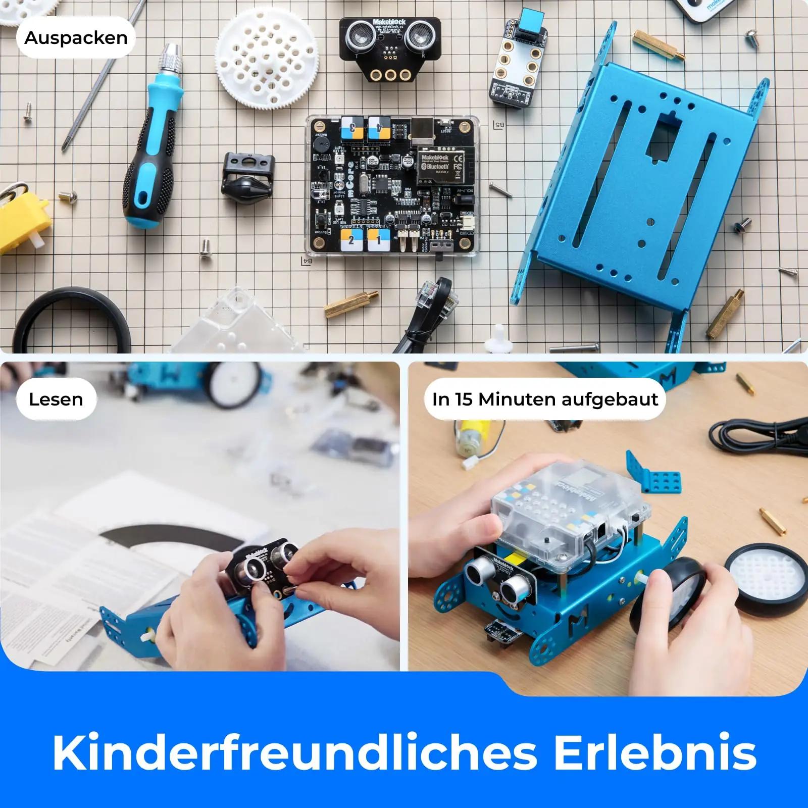 Makeblock mBot alumiiniumist programmeeritav robot lastele – pakend ja tarvikud
