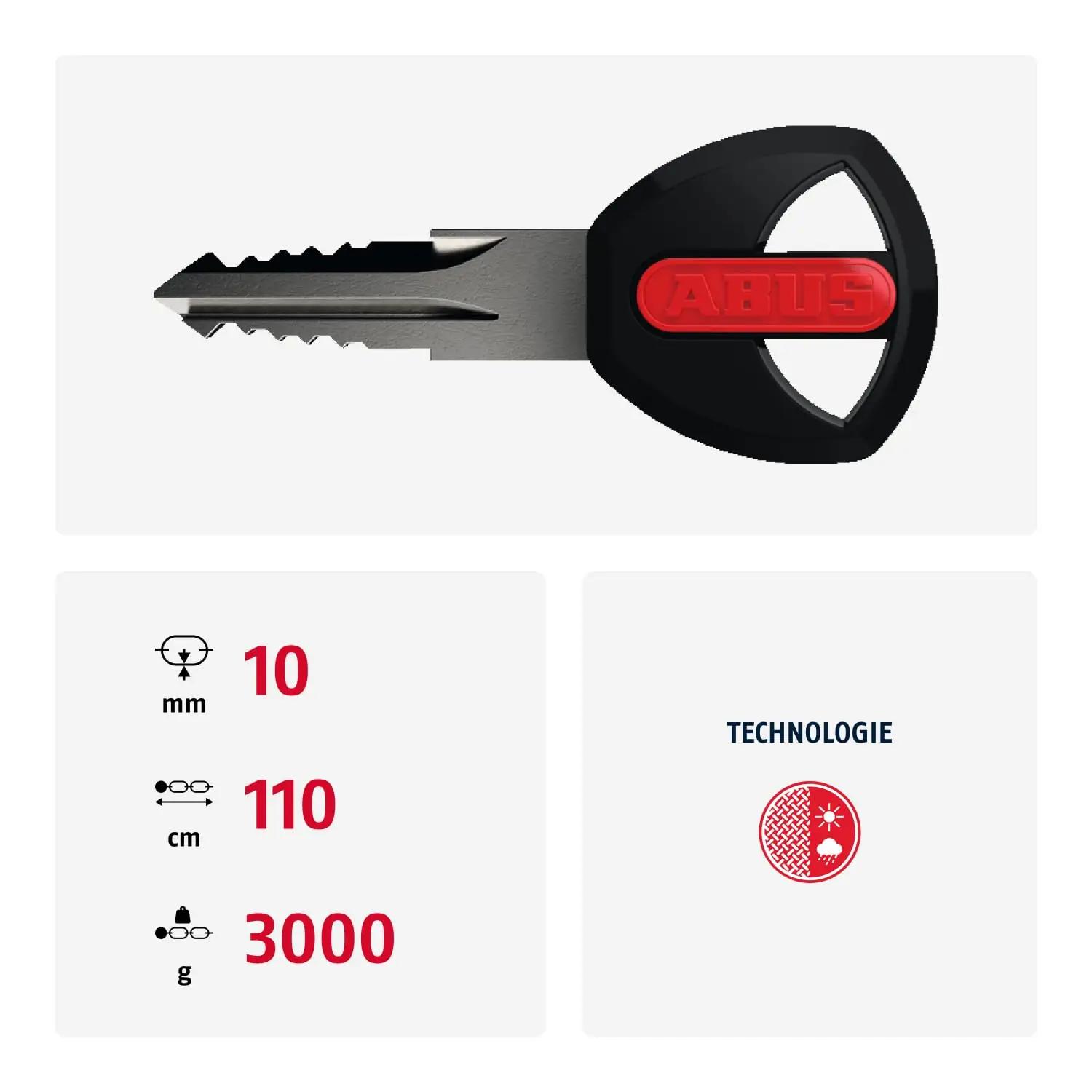 ABUS vastupidav ketilukk 110 cm – turvaline rattalukk – pakend ja tarvikud