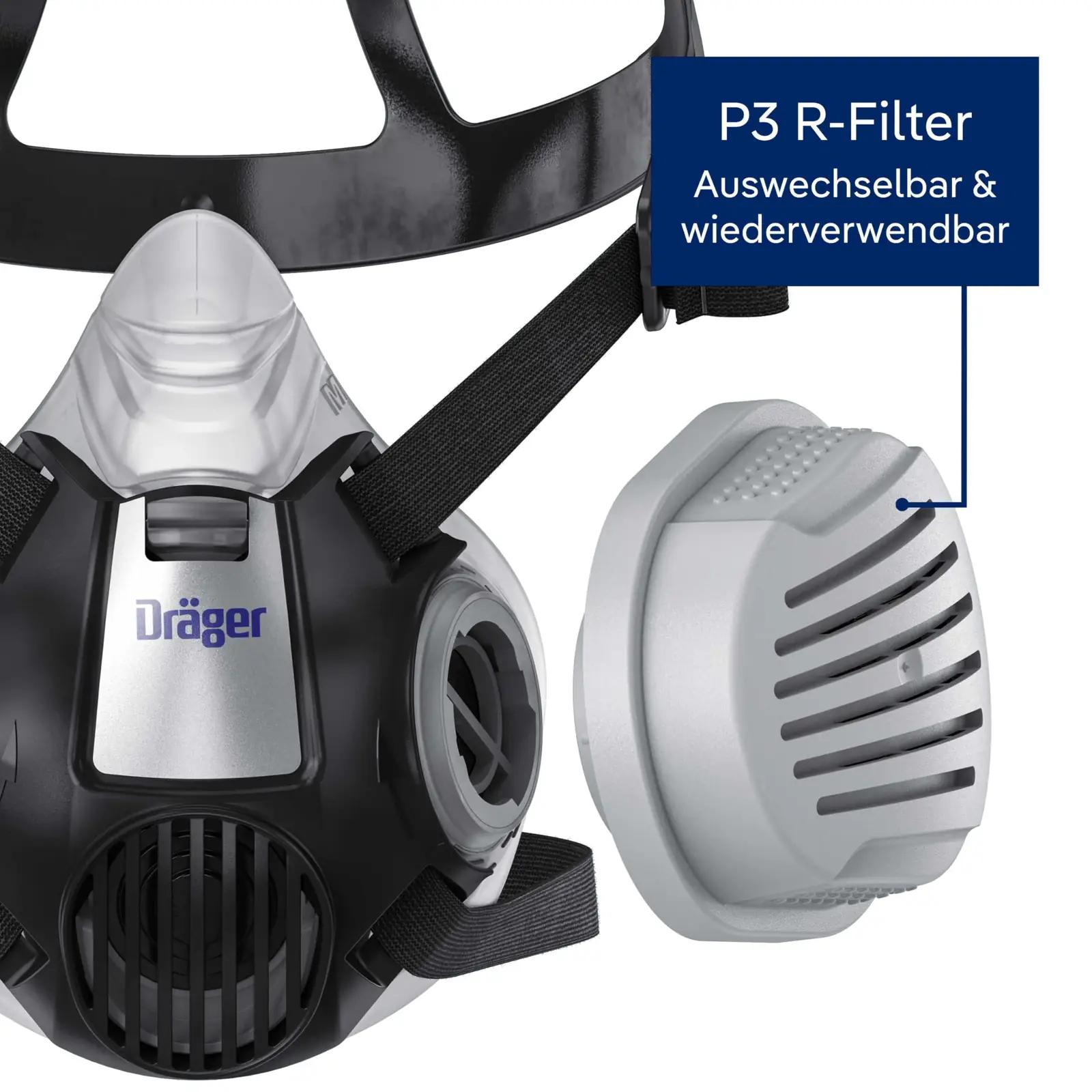 Dräger kaitsemask töömeestele — korduvkasutatav P3 filtriga – pakend ja tarvikud