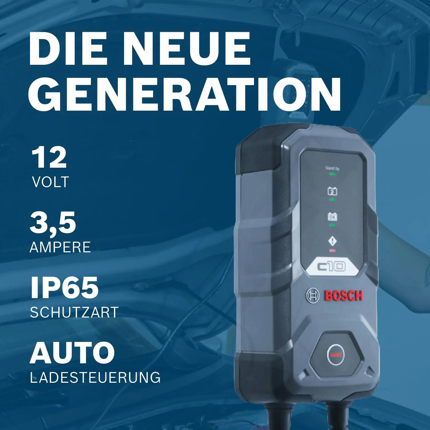 Bosch vastupidav autoakulaadija C10 3,5 A – säilitav laadimine – pakend ja tarvikud