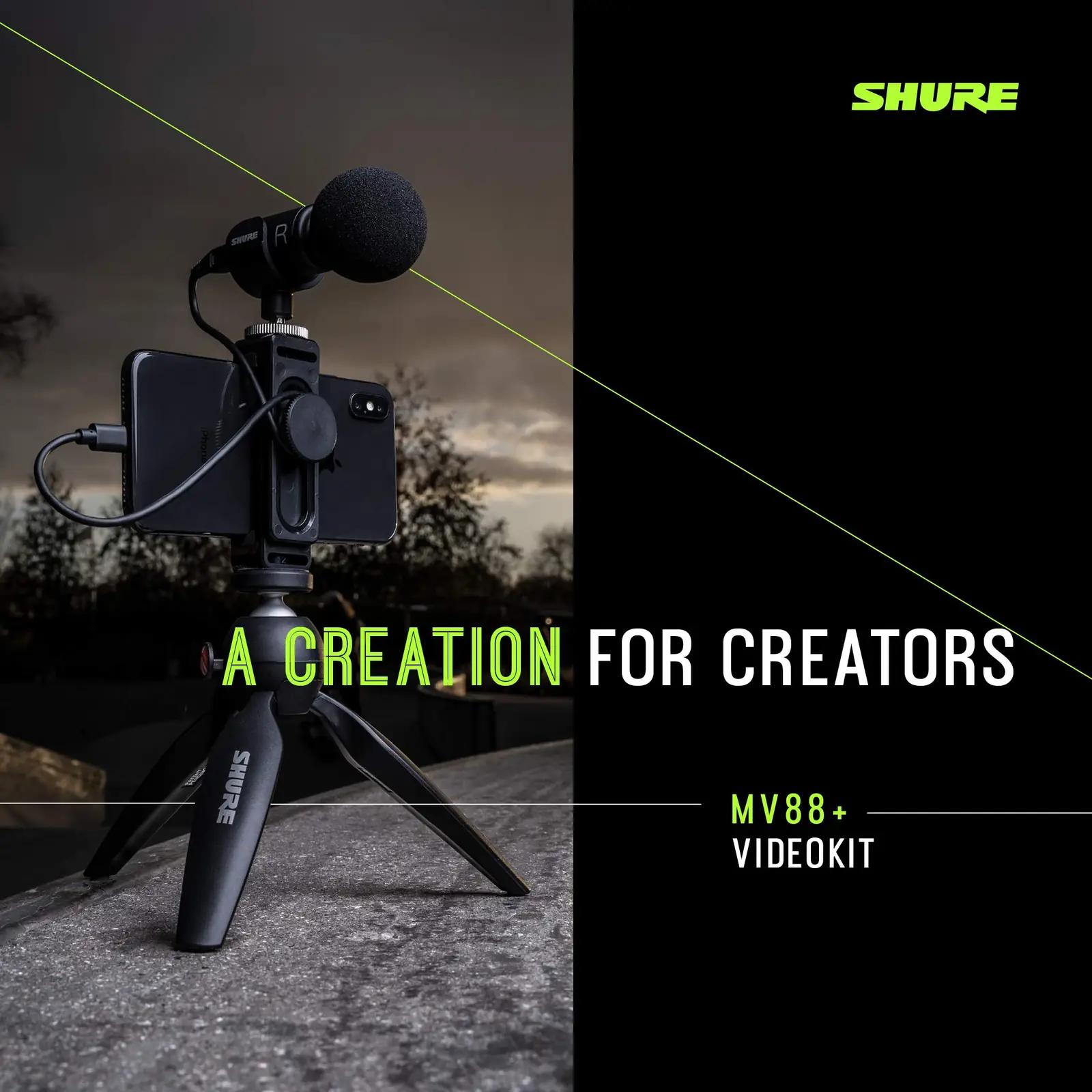 Shure kvaliteetne MV88+ mikrofoni video- ja streaming-kit – pakend ja tarvikud