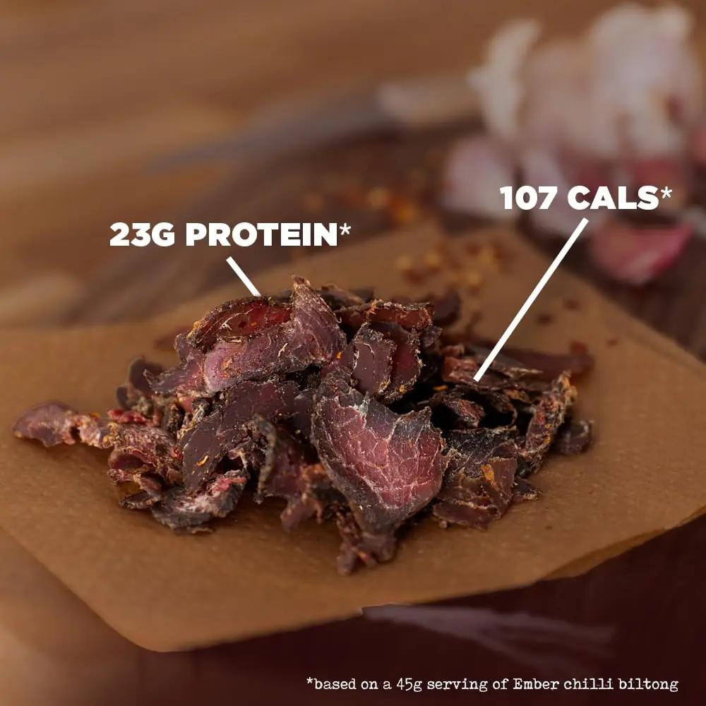 EMBER maitsev biltong tšilliga — valgurikas suupiste 500g – pakend ja tarvikud