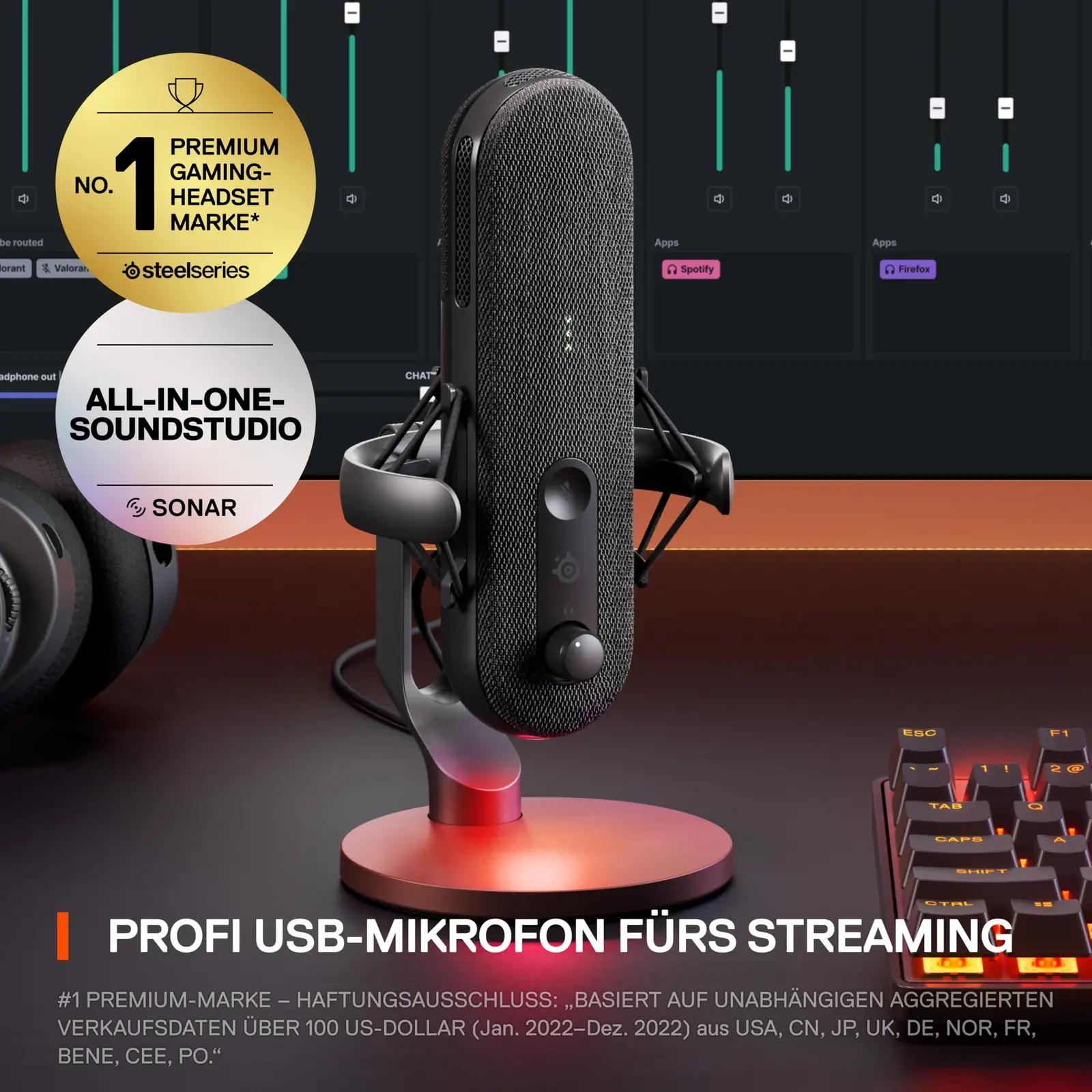 SteelSeries USB-mikrofon Alias — suur kapsel mängimiseks ja – pakend ja tarvikud