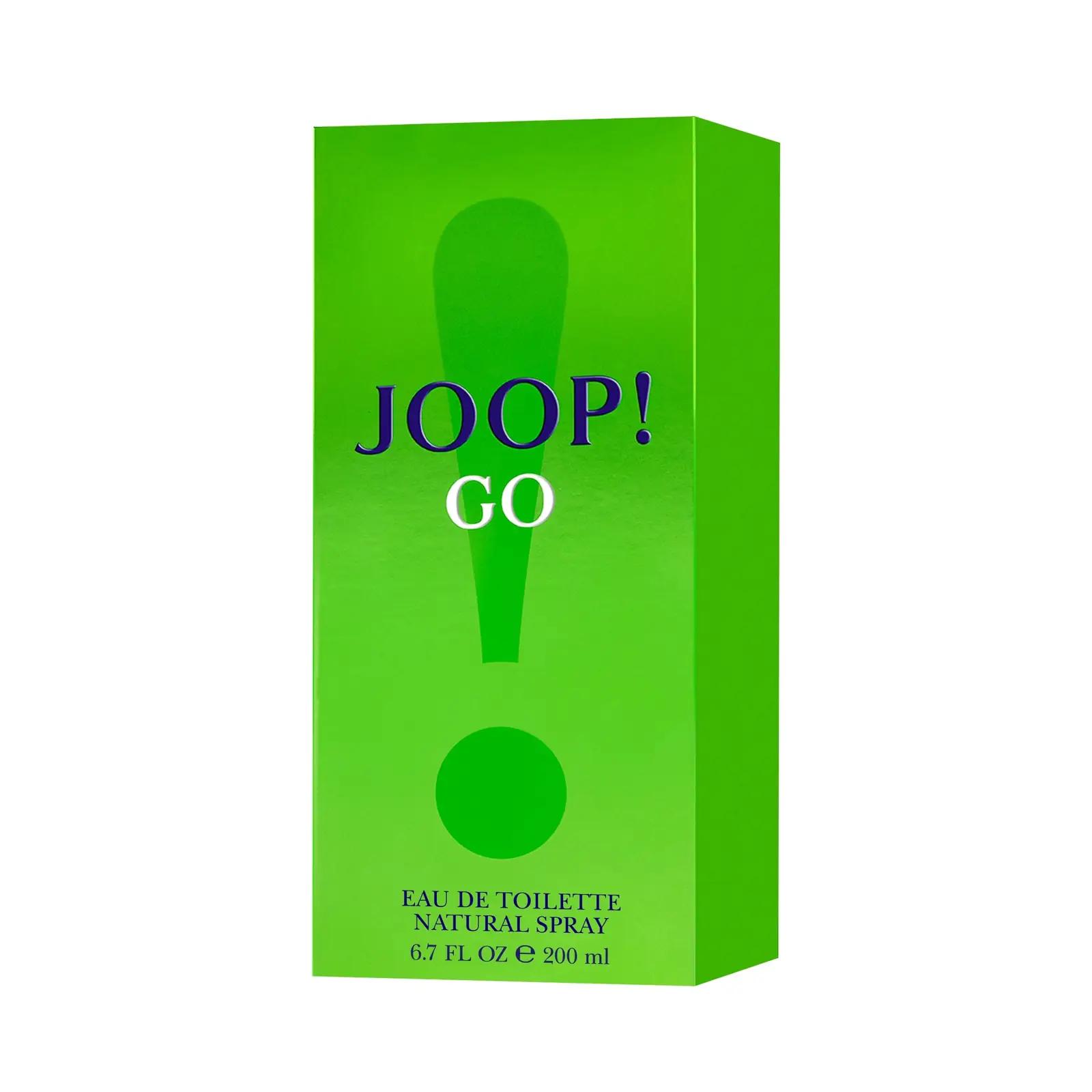 Joop! GO Eau de Toilette — värske rabarberi ja vürtsiga 200 ml – pakend ja tarvikud