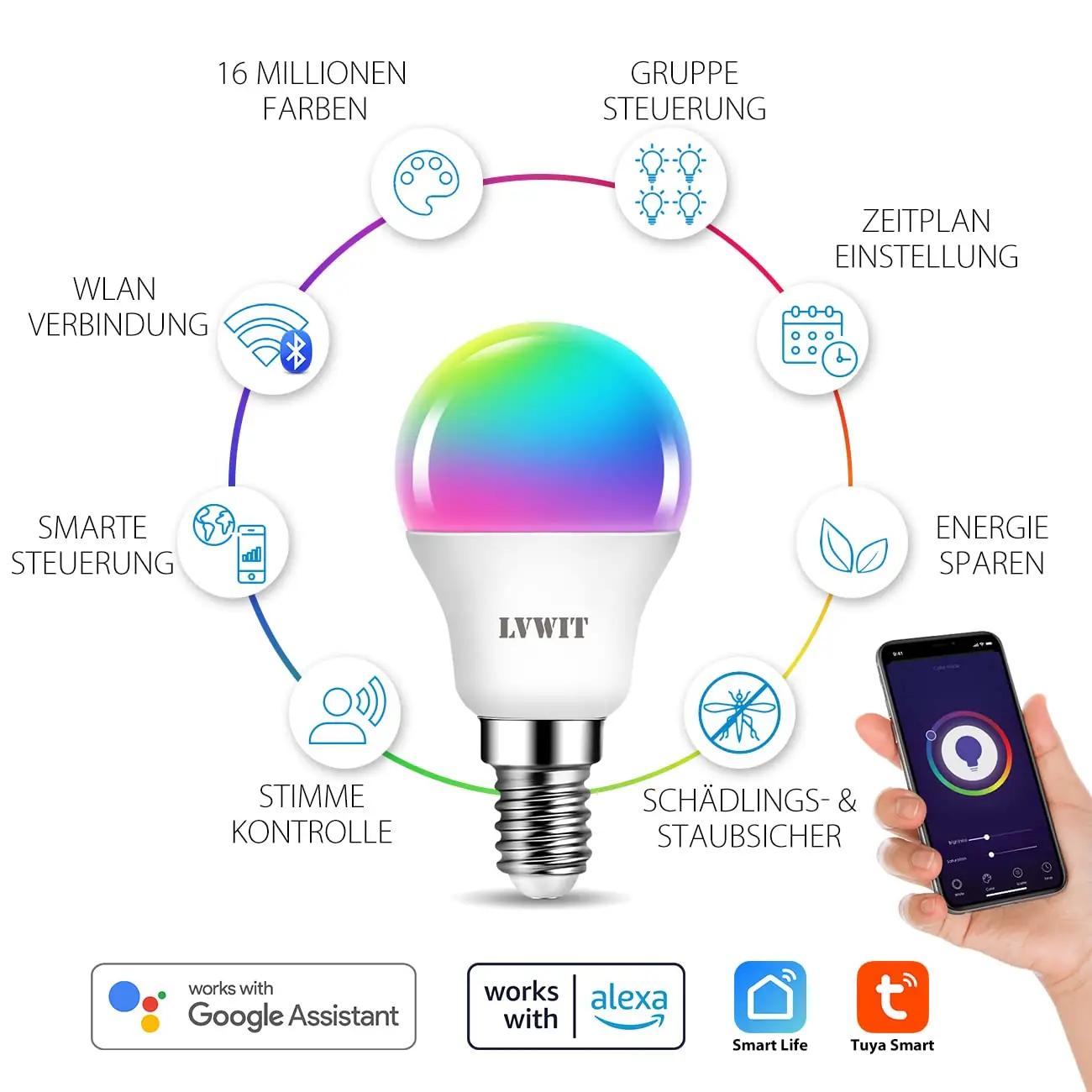 LVWIT nutikas E14 LED pirn 5W RGB – reguleeritav valgus ja värv – detailne vaade