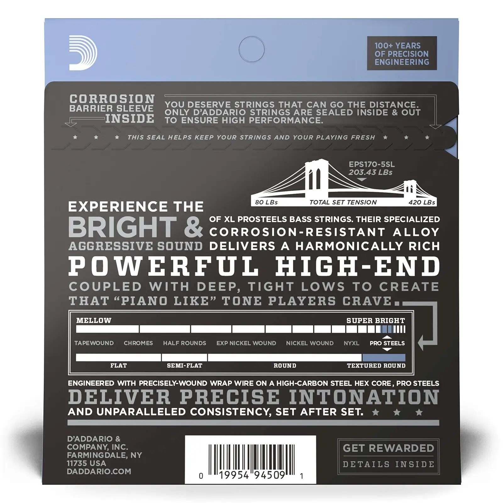 D'Addario EPS170-5SL basskitarri keeled – detailne lähivaade