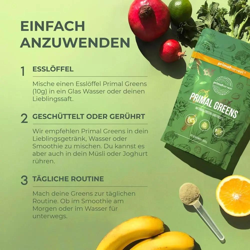Primal Harvest Super Greens pulber — looduslik energialaeng – kasutusnäide