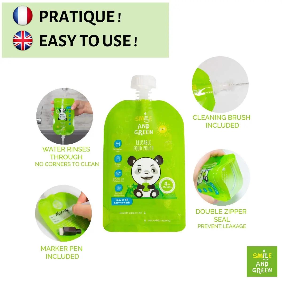 Smile&Green korduvtäidetavad beebipurgid 10 tk, 140 ml – pakend ja tarvikud
