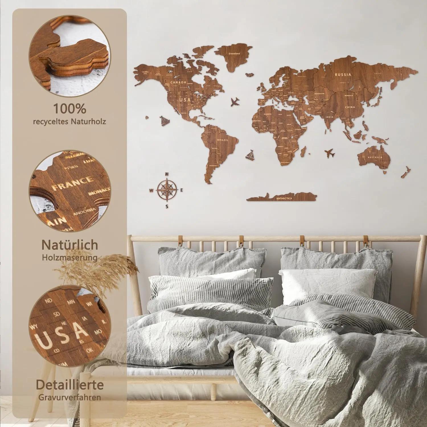 Creawoo walnuss puidust maailmakaart – suur seinakaunistus 150×85 – detailne vaade