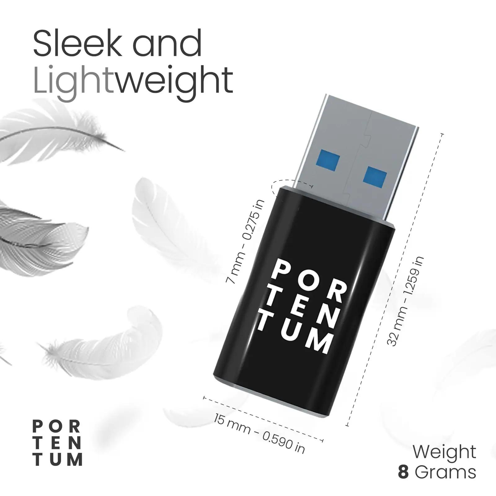 PORTENTUM vastupidav USB C–USB 3.0 adapter — õhuke zinkkest – pakend ja tarvikud