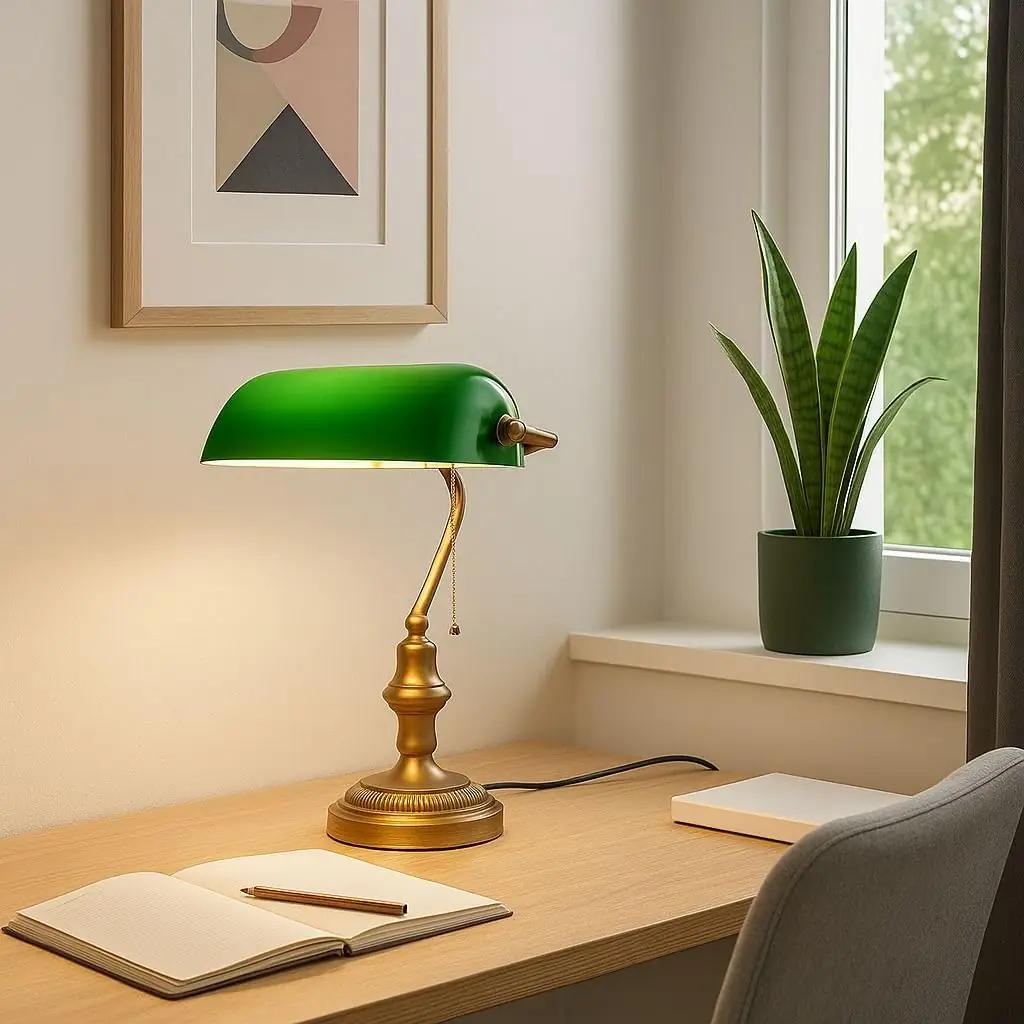 B·LED BARCELONA LED vintage messingi laualamp rohelise klaasiga – kasutusnäide