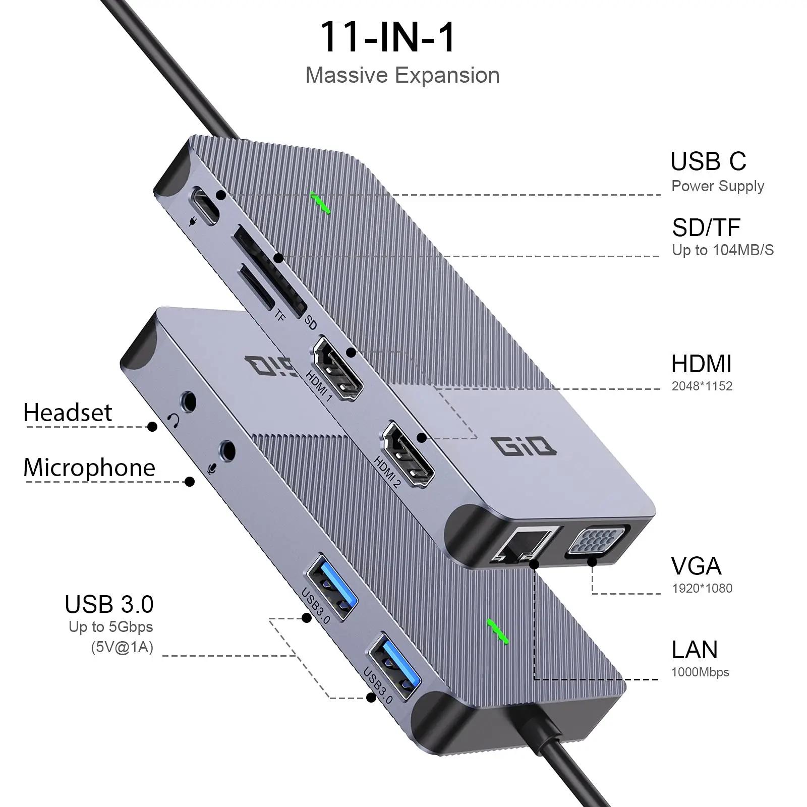 Giq USB-C jaalduv alumiiniumist dokk – mitmeekraaniline ühendus – detailne vaade