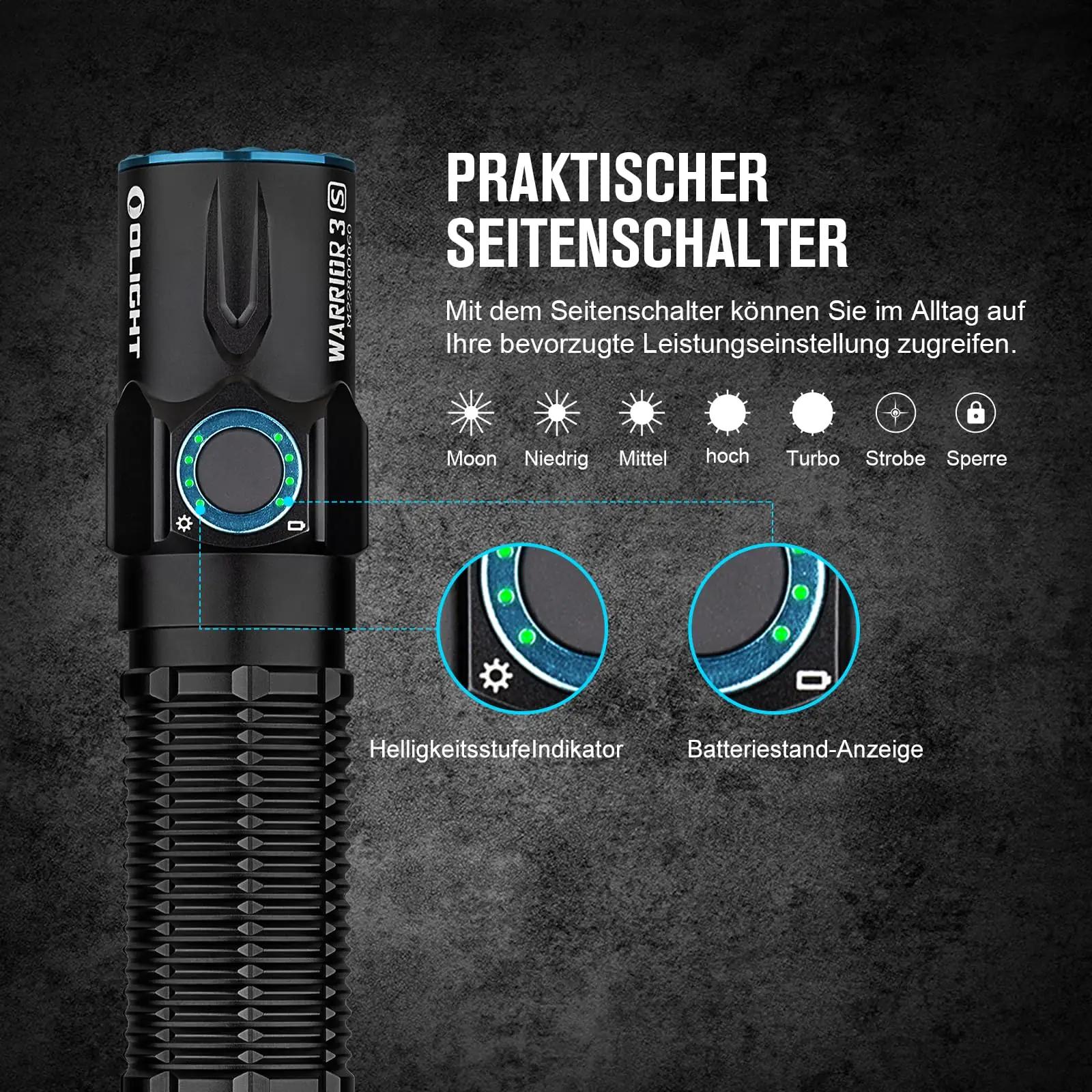 OLIGHT kvaliteetne taktikaline taskulamp — roostevaba, USB-laetav – pakend ja tarvikud