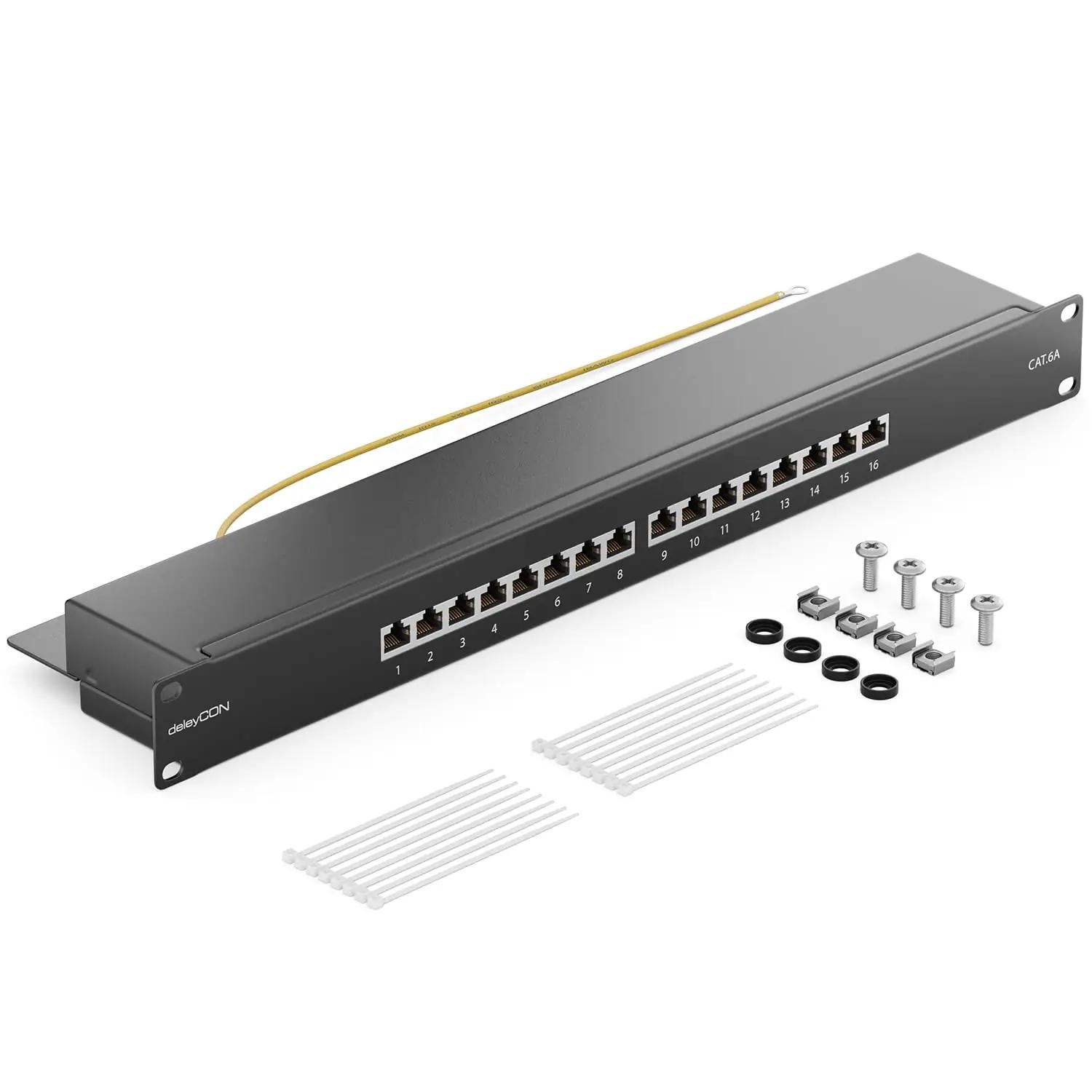 deleyCON CAT6a 16-portine metallist patchpanel – rack-montaaž – detailne vaade