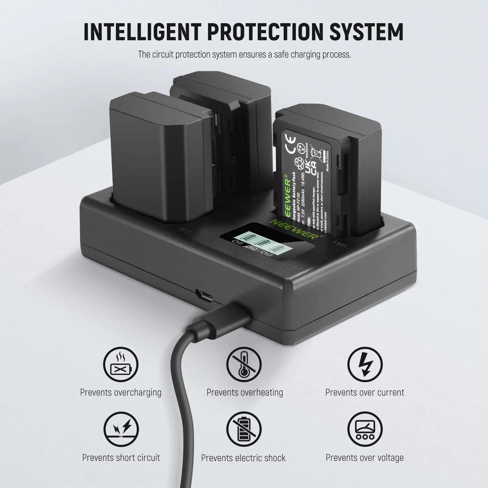 NEEWER vastupidav akukomplekt NP-FZ100 – 3×2280mAh USB – pakend ja tarvikud