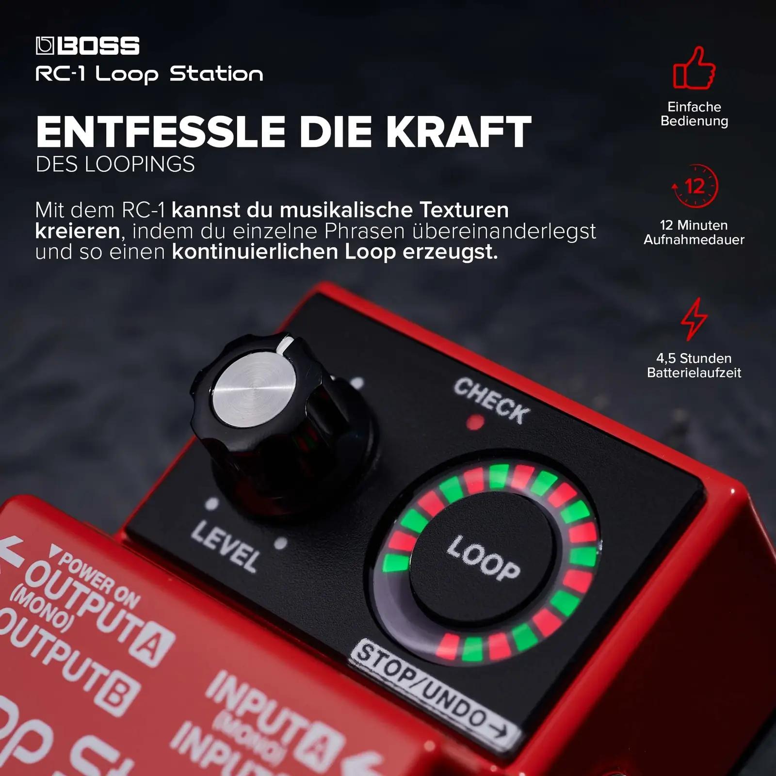 BOSS loop-pedaal RC-1 — lihtne salvestus ja ülekattega looper – pakend ja tarvikud