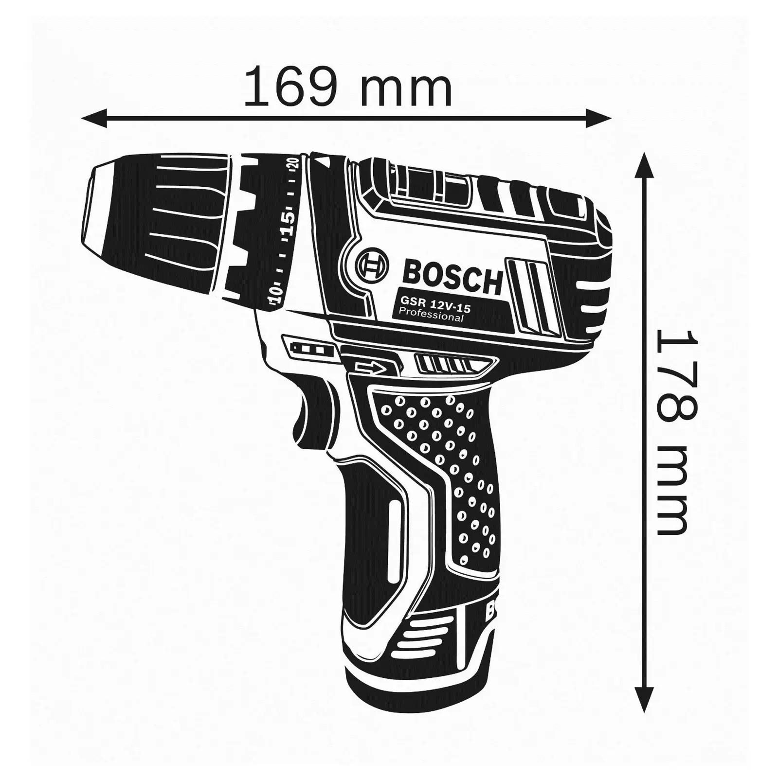 Bosch Professional töökindel 12V juhtmeta puur-viilija komplekt – pakend ja tarvikud