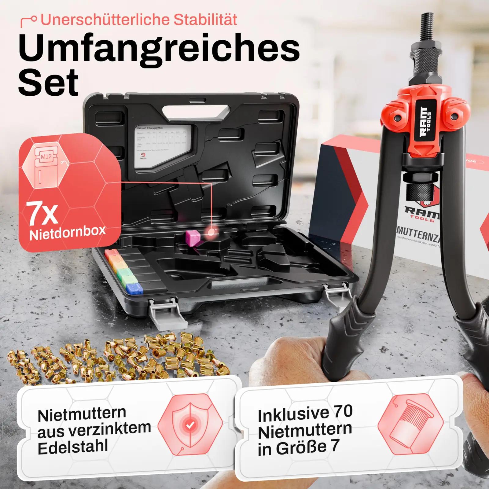 RAM TOOLS tugev legeeritud plekist nietmutri tang komplekt – detailne vaade