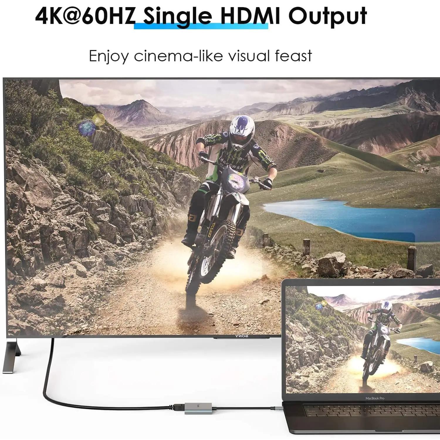 YRRNAE alumiiniumist USB-C hub kahe HDMI väljundiga — 4K ja PD – kasutusnäide